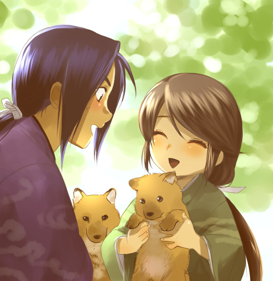 mizuhara aki, bad id, bad pixiv id, 1boy, 1girl, black hair, blush, brown hair, child, closed eyes, dog, happy, japanese clothes, kimono, ponytail, scar, shiba inu, smile, upper body, yukata
