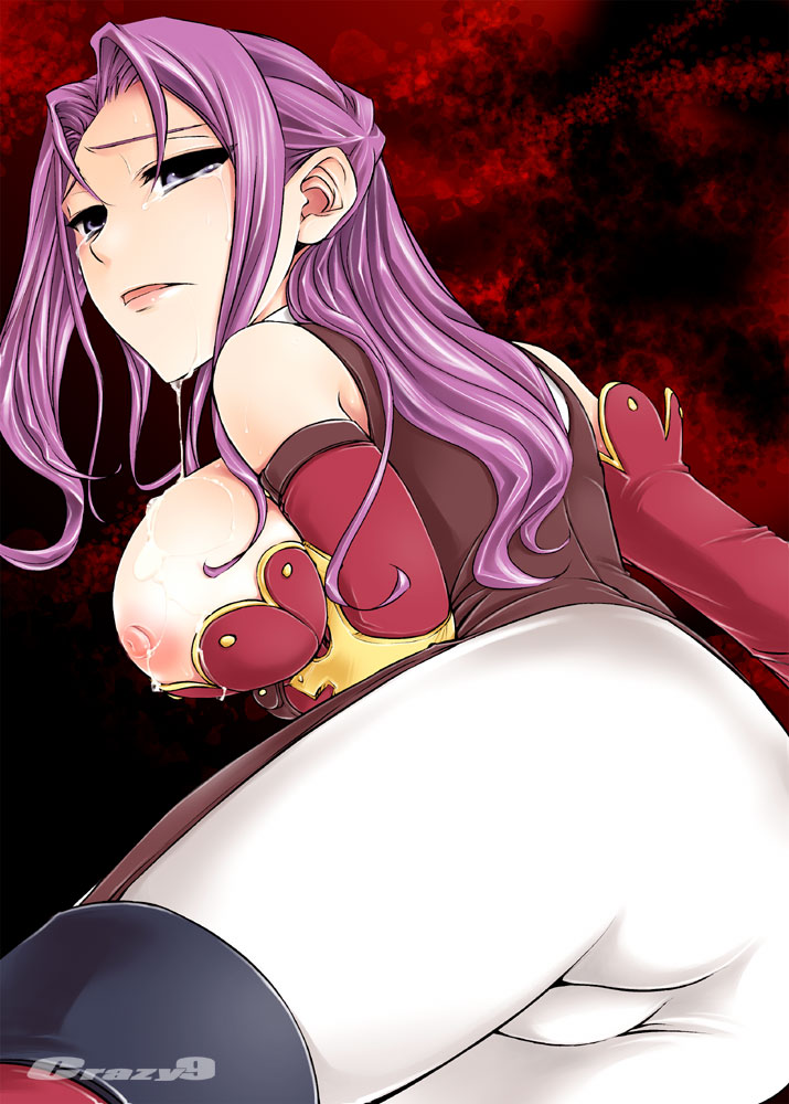 crazy9, ichitaka, cornelia li britannia, code geass, 00s, 1girl, ass, back, blush, breasts, elbow gloves, female focus, gloves, large breasts, looking back, purple eyes, purple hair, solo, tears, thighhighs
