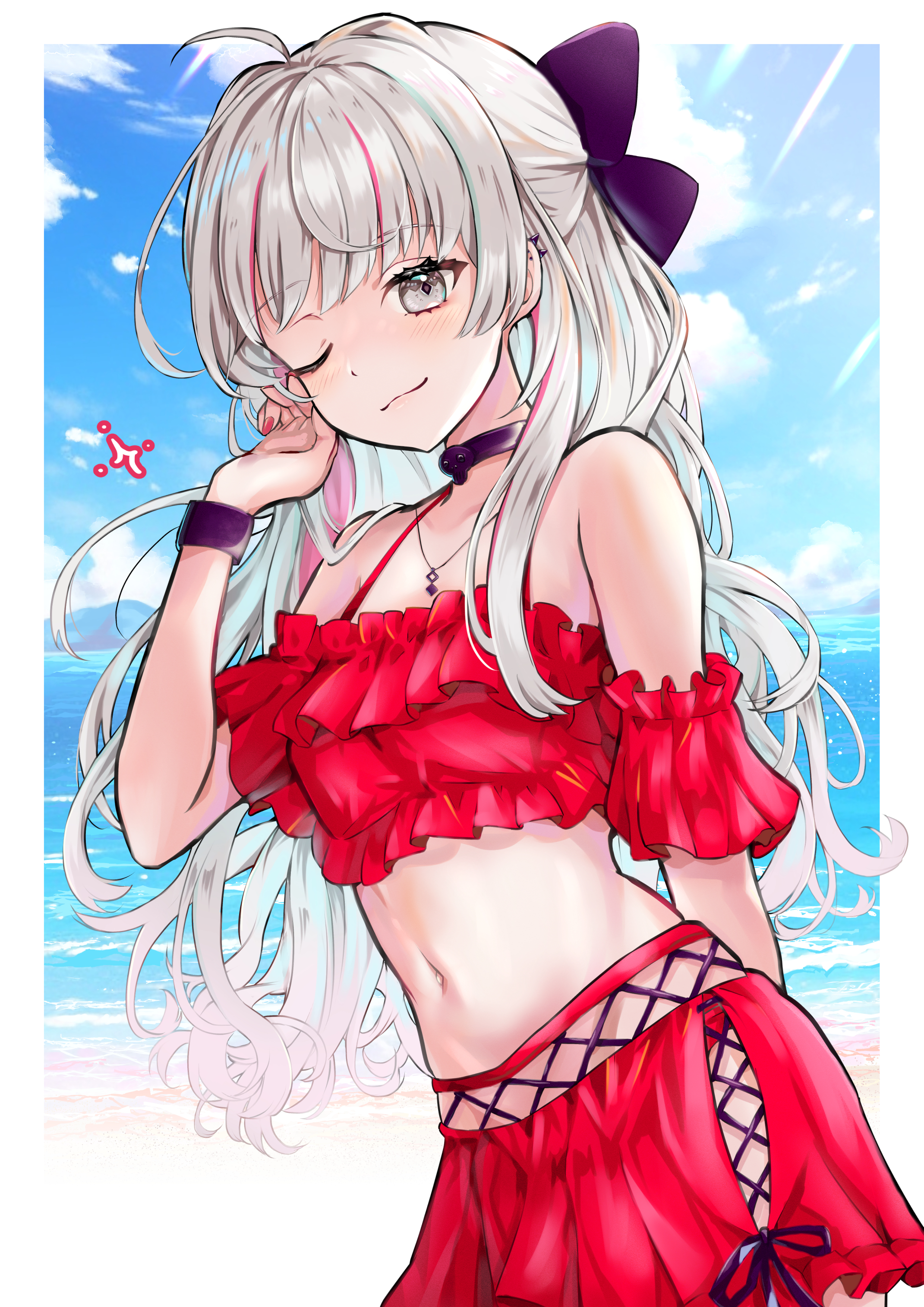 cagasyo, ishigami nozomi, nijisanji, absurdres, highres, 1girl, ahoge, bare shoulders, bikini, bikini skirt, black choker, bow, choker, closed mouth, clothing cutout, cowboy shot, detached sleeves, frilled bikini, frills, grey eyes, hair bow, half updo, hand up, hip vent, jewelry, long hair, looking at viewer, midriff, multicolored hair, navel, necklace, one eye closed, red bikini, red skirt, skirt, smile, solo, spaghetti strap, stomach, streaked hair, swimsuit, virtual youtuber, white hair, wristband