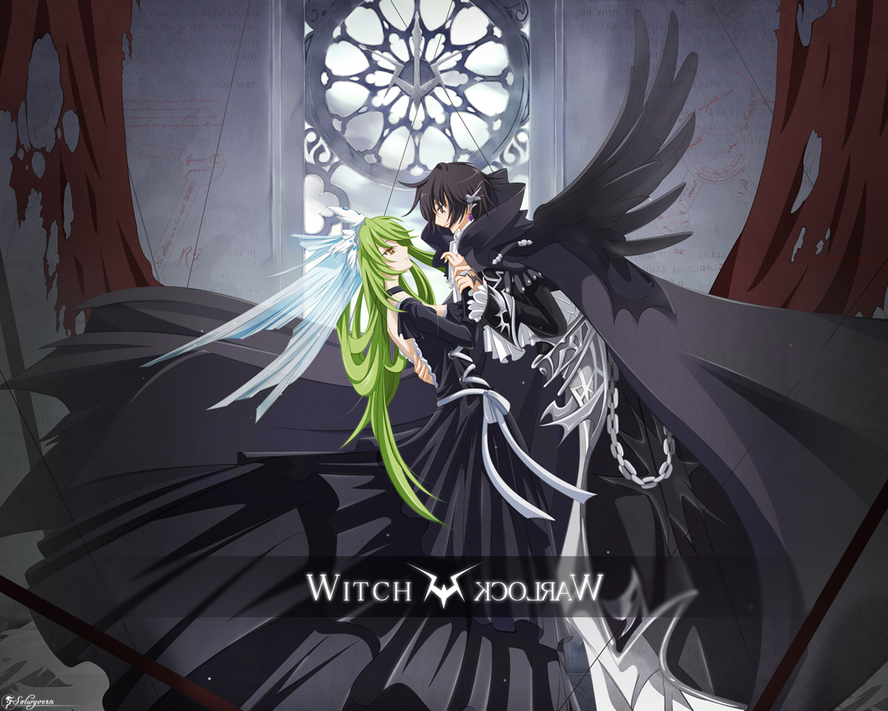 solwyvern, c.c., lelouch vi britannia, code geass, derivative work, vector trace, 00s, black dress, black hair, cape, dress, goth fashion, green hair, long hair, wings, yellow eyes