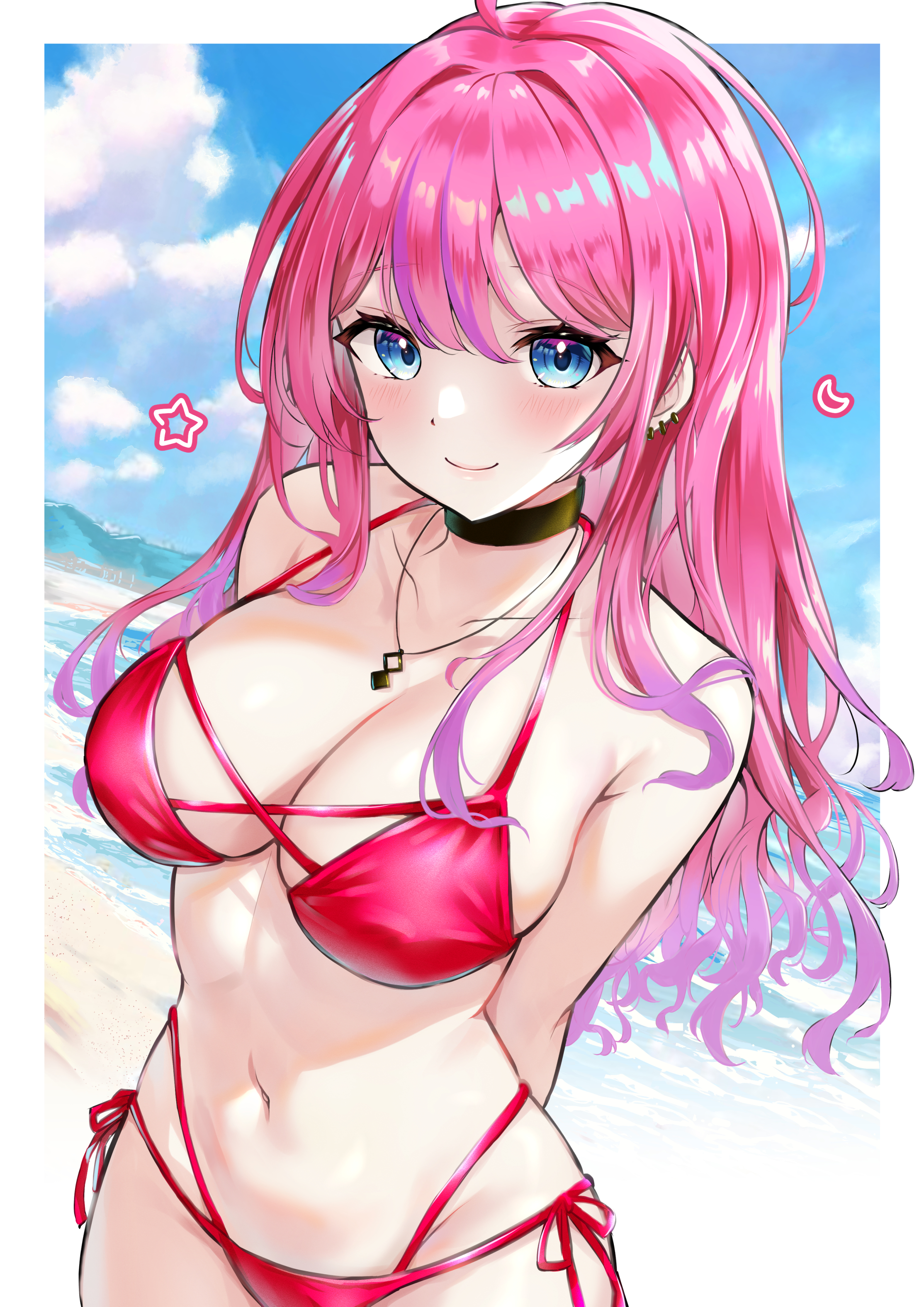 cagasyo, kuramochi meruto, nijisanji, absurdres, highres, 1girl, arms behind back, bikini, black choker, blue eyes, breasts, choker, cleavage, closed mouth, cowboy shot, earrings, halterneck, jewelry, large breasts, long hair, looking at viewer, multi-strapped bikini bottom, multicolored hair, navel, necklace, pink hair, red bikini, side-tie bikini bottom, smile, solo, stomach, streaked hair, string bikini, swimsuit, virtual youtuber