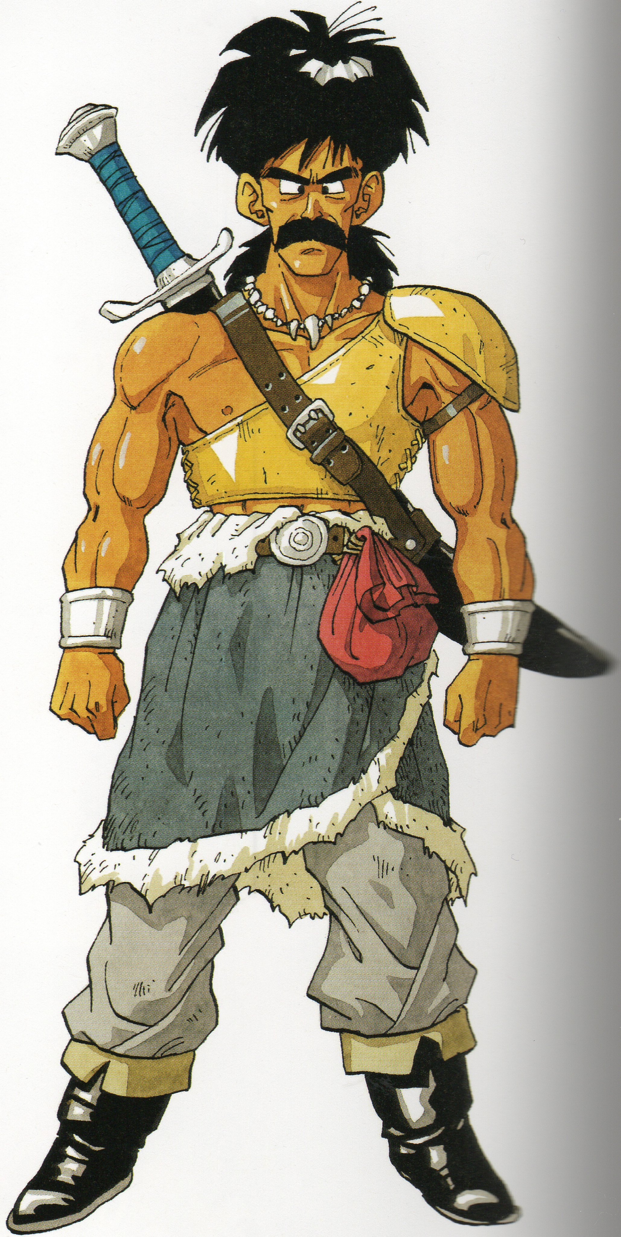 toriyama akira, papas, dragon quest, dragon quest v, absurdres, highres, official art, scan, third-party source, 1990s (style), 1boy, armor, black boots, black eyes, black facial hair, black hair, blue shawl, boots, bracelet, breastplate, cheekbones, facial hair, full body, grey pants, jewelry, low ponytail, male focus, mature male, muscular, muscular male, mustache, necklace, nipples, pants, pauldrons, ponytail, retro artstyle, scabbard, shawl, sheath, sheathed, shoulder armor, single pauldron, spiked hair, sword, sword on back, tan, tooth necklace, weapon, weapon on back