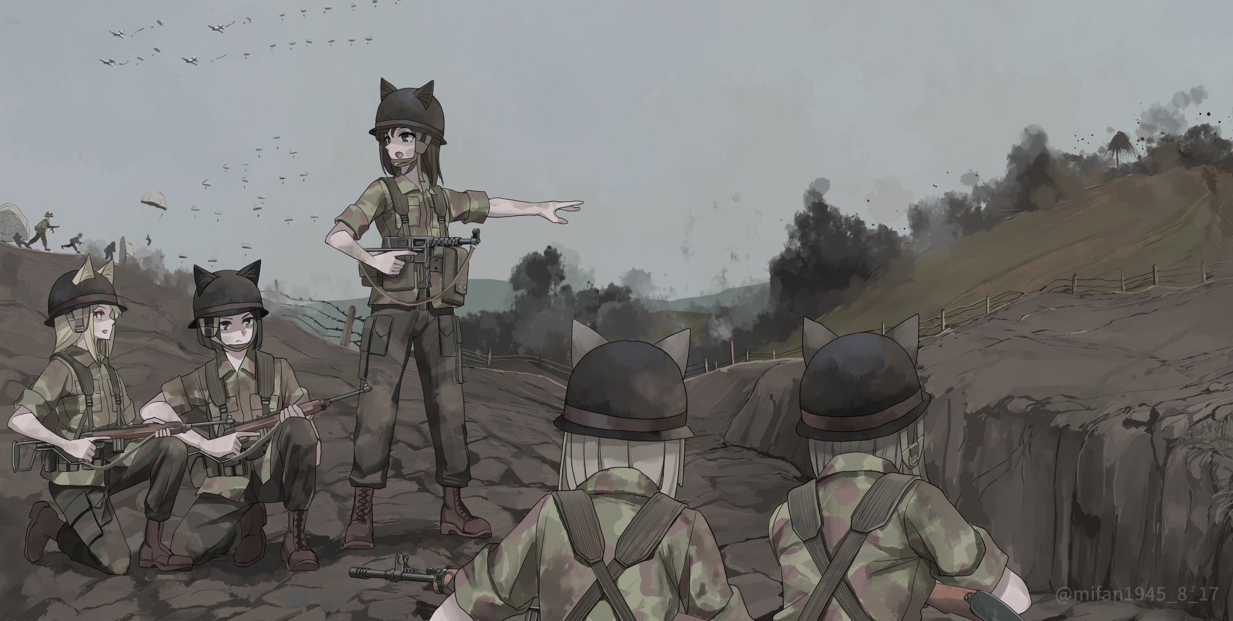 nguyen tam lee, original, commentary, english commentary, highres, 6+girls, aircraft, airplane, battle of dien bien phu, black hair, blonde hair, boots, brown boots, combat helmet, first indochina war, french army, green hat, gun, hat, helmet, holding, holding gun, holding weapon, long hair, m1 carbine, m1 helmet, mat-49, military, military combat uniform, military uniform, multiple girls, parachute, paratrooper, pointing, short hair, sleeves rolled up, submachine gun, trigger discipline, twitter username, vietnam, weapon