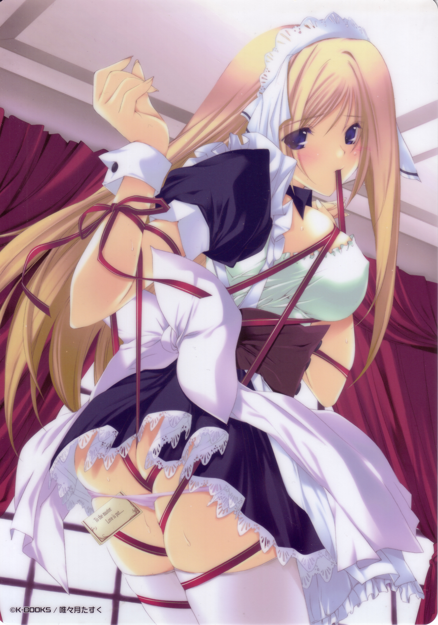 iizuki tasuku, highres, 1girl, apron, ass, bdsm, black dress, blonde hair, blue eyes, blush, bondage, bound, breasts, brown hair, ceiling, covered erect nipples, curtains, dress, female focus, from behind, gift, large breasts, long hair, looking at viewer, looking back, maid, maid apron, maid headdress, mouth hold, note, panties, panty pull, pink panties, ribbon, short sleeves, solo, sweat, thighhighs, underwear, very long hair, white thighhighs, window, wrist cuffs