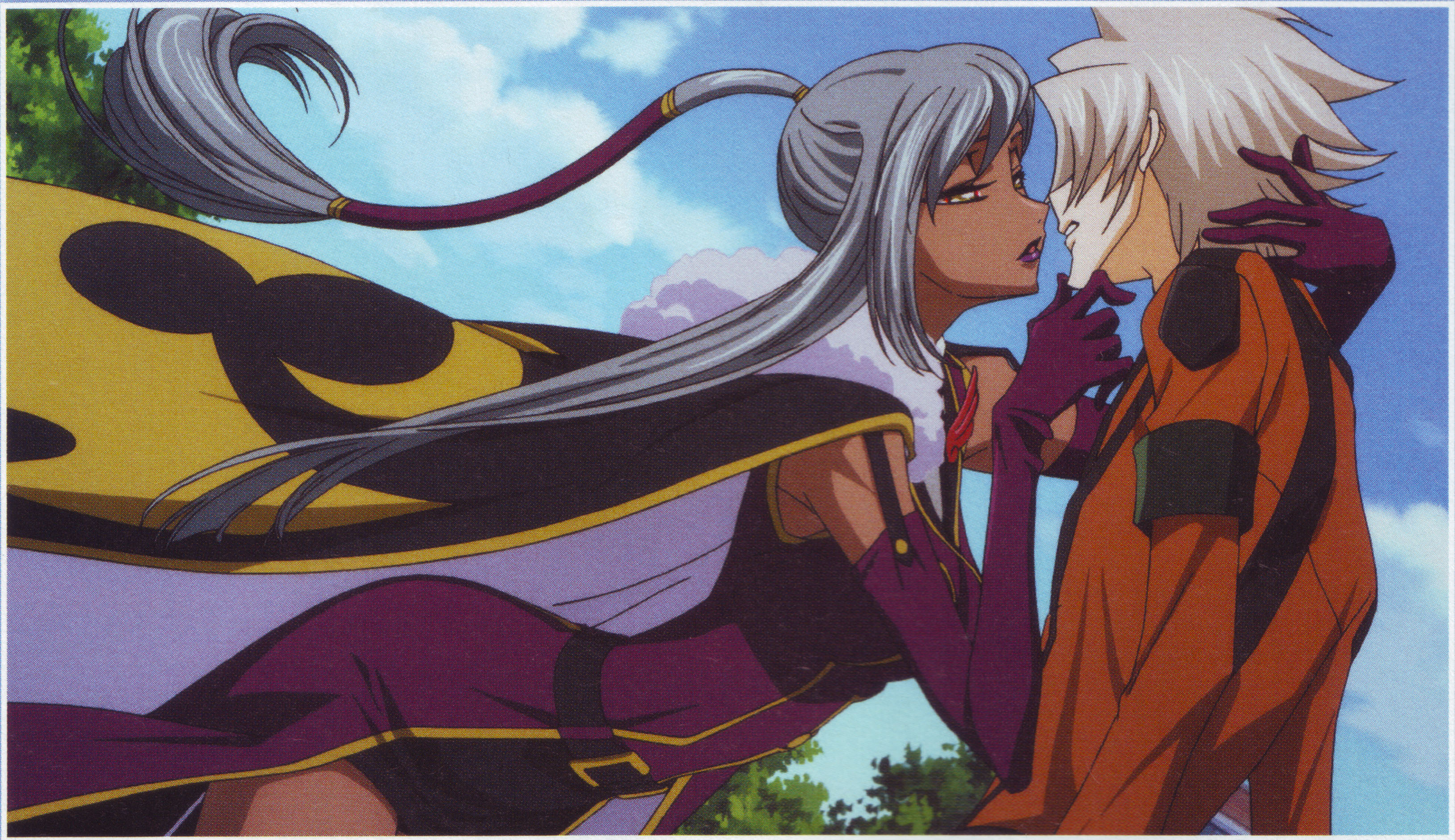 rai (code geass), villetta nu, code geass, code geass: lost colors, absurdres, highres, 00s, 1boy, 1girl, blush, cape, dark-skinned female, dark skin, elbow gloves, geass, gloves, long hair, mind control, ponytail, yellow eyes