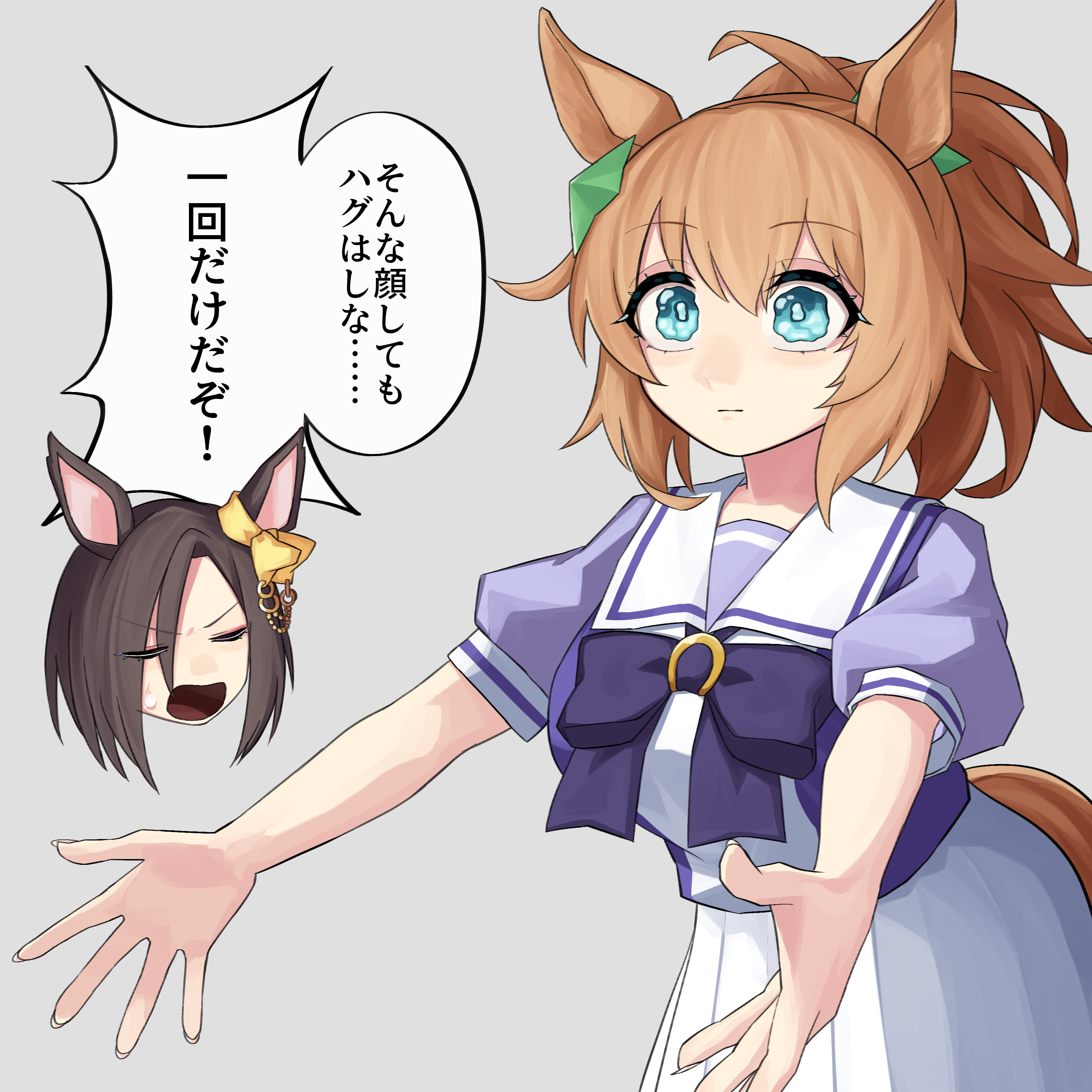 sanada ina, air groove (umamusume), taiki shuttle (umamusume), umamusume, absurdres, highres, animal ears, blue eyes, breasts, brown hair, hair between eyes, hair ornament, horse ears, horse girl, horse tail, large breasts, long hair, multiple girls, open mouth, ponytail, school uniform, skirt, star (symbol), star hair ornament, tail, tracen school uniform
