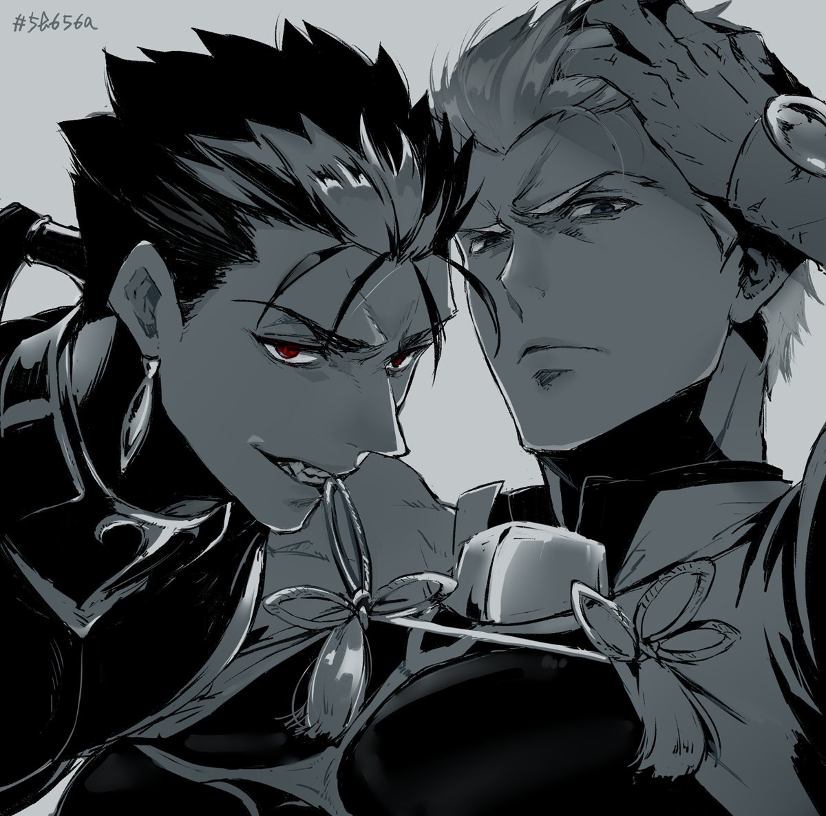 shibanui, archer (fate), cu chulainn (fate), cu chulainn (lancer) (fate), fate/grand order, fate/stay night, fate (series), 2boys, clothes in mouth, fang, glaring, grey background, greyscale, hair tubes, jacket, long hair, looking at viewer, male focus, monochrome, multiple boys, ponytail, short hair, simple background, single hair tube, smile, spot color, yaoi