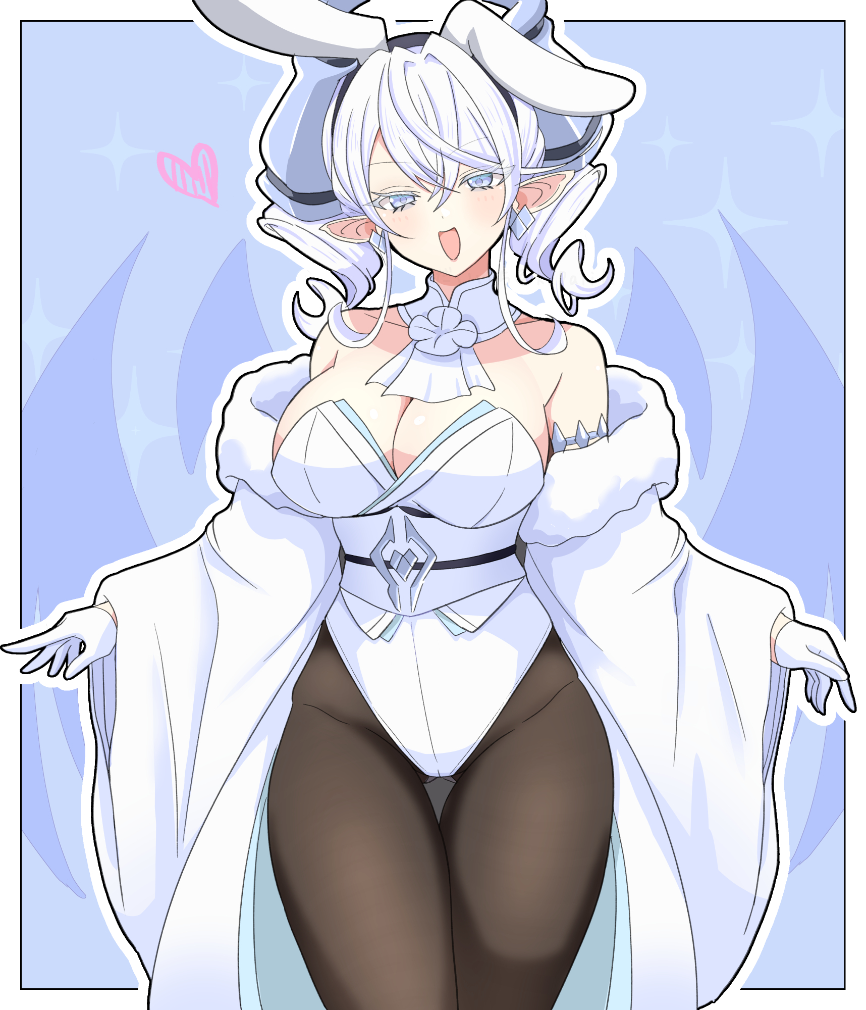 daiichi (k daiiti), lovely labrynth of the silver castle, yu-gi-oh!, highres, 1girl, animal ears, bare shoulders, blush, breasts, detached collar, dragon horns, duel monster, fake animal ears, highleg, highleg leotard, horns, large breasts, leotard, long hair, looking at viewer, open mouth, pantyhose, playboy bunny, pointy ears, rabbit ears, smile, solo, strapless, strapless leotard, white leotard, white wrist cuffs, wide sleeves, wrist cuffs