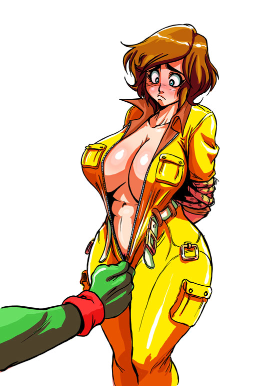 yves bigerel, april o'neil, raphael (tmnt), teenage mutant ninja turtles, teenage mutant ninja turtles (1987), 1boy, 1girl, :<, arms behind back, arms tied behind, assisted exposure, bdsm, belly, blue eyes, blush, bondage, bound, breasts, brown hair, cleavage, cowboy shot, curvy, embarrassed, frown, hip focus, huge breasts, jumpsuit, looking down, monster, monster boy, navel, no bra, open clothes, open shirt, plump, pussy, pussy peek, restrained, shirt, short hair, simple background, sleeves rolled up, standing, thick thighs, thighs, unzipped, unzipping, white background, wide hips, yellow jumpsuit, zipper