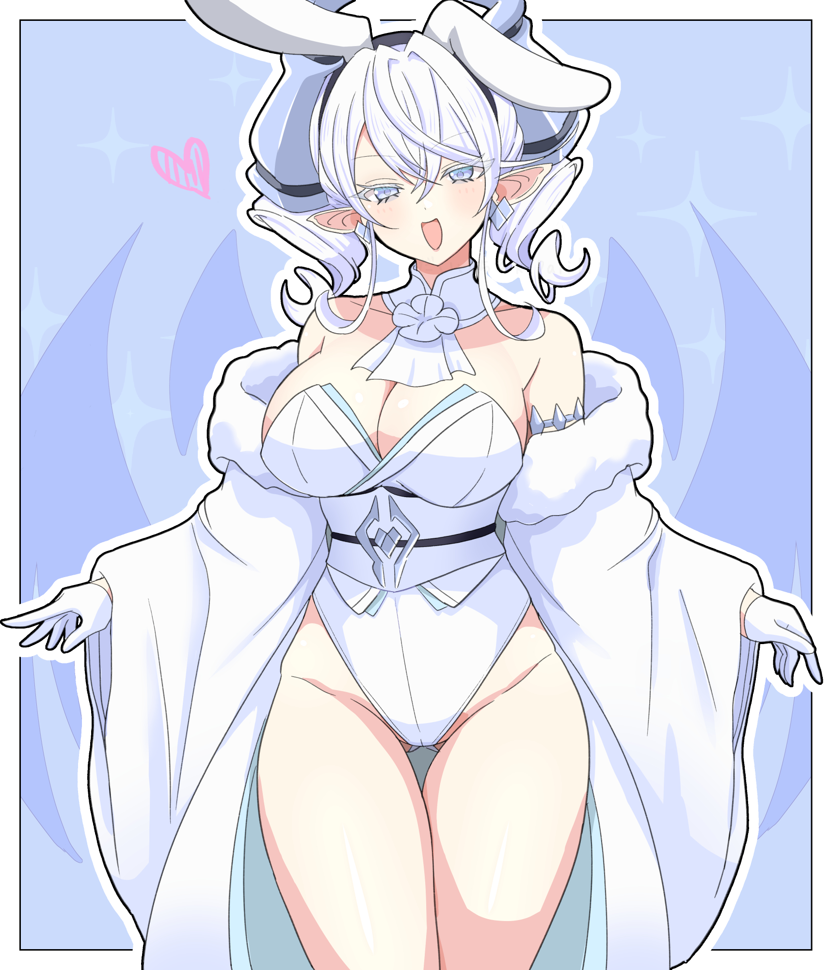 daiichi (k daiiti), lovely labrynth of the silver castle, yu-gi-oh!, highres, 1girl, animal ears, bare shoulders, blush, breasts, detached collar, dragon horns, duel monster, fake animal ears, highleg, highleg leotard, horns, large breasts, leotard, long hair, looking at viewer, open mouth, playboy bunny, pointy ears, rabbit ears, smile, solo, strapless, strapless leotard, white leotard, white wrist cuffs, wide sleeves, wrist cuffs
