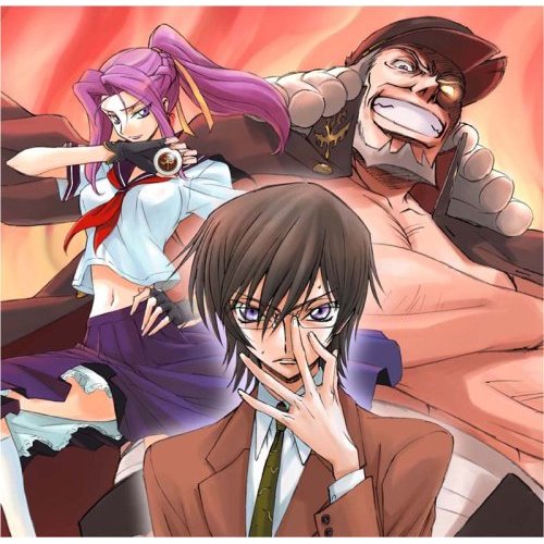kimura takahiro, ookouchi ricca, charles zi britannia, cornelia li britannia, lelouch vi britannia, code geass, lowres, 1girl, 2boys, banchou, cape, delinquent, fingerless gloves, gakuran, glasses, gloves, high ponytail, midriff, multiple boys, parody, ponytail, purple eyes, purple hair, school uniform, serafuku, skirt, sukeban