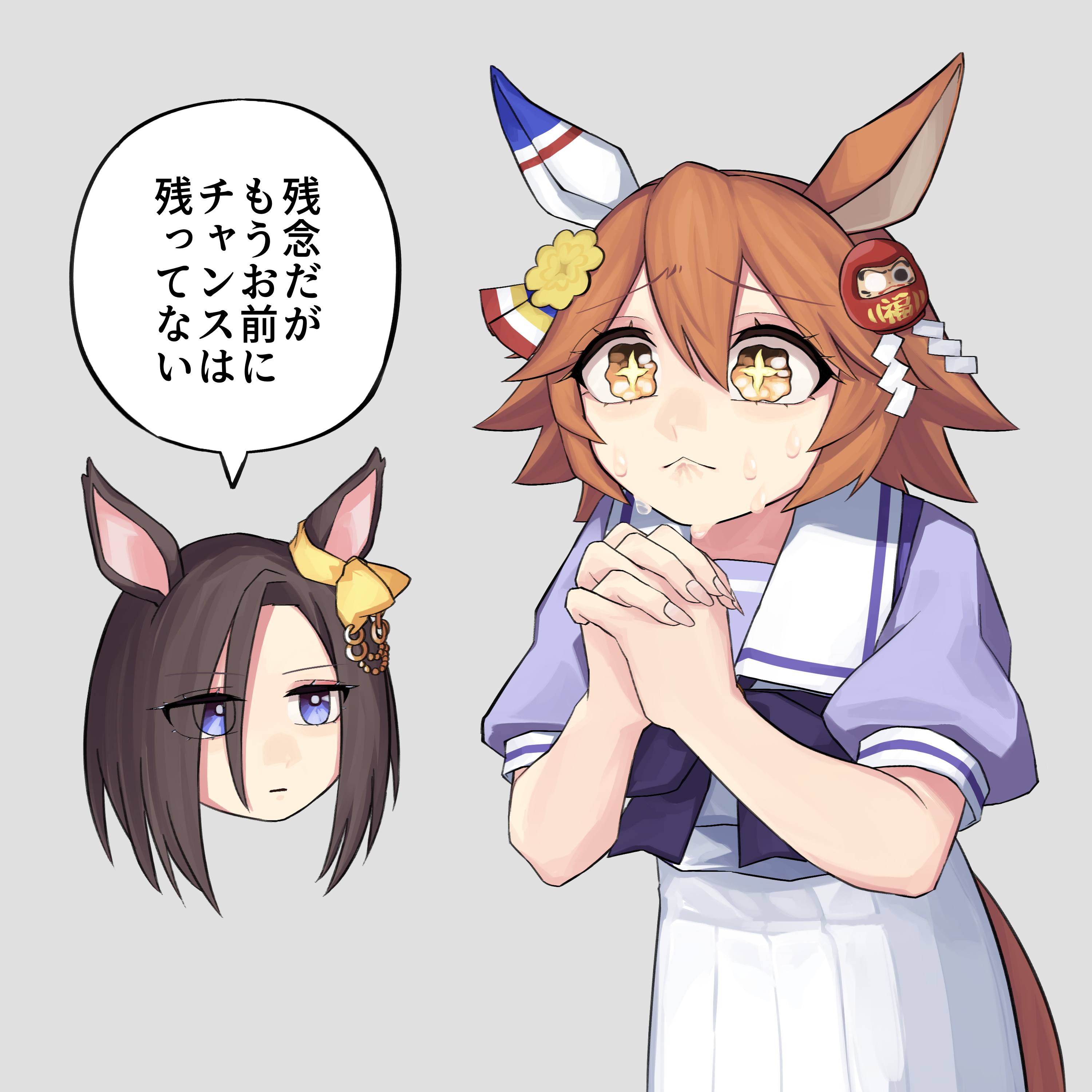 sanada ina, air groove (umamusume), matikanefukukitaru (umamusume), umamusume, absurdres, highres, + +, animal ears, clover hair ornament, daruma doll, ear covers, flipped hair, four-leaf clover hair ornament, good fortune symbol, hair ornament, horse ears, horse girl, horse tail, open mouth, orange hair, orange tail, school uniform, single ear cover, tail, tracen school uniform