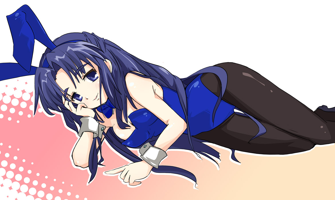 ixy, asakura ryoko, suzumiya haruhi no yuuutsu, 00s, animal ears, blue eyes, blue hair, fake animal ears, leotard, long hair, pantyhose, playboy bunny, rabbit ears, solo, thigh gap, thighs
