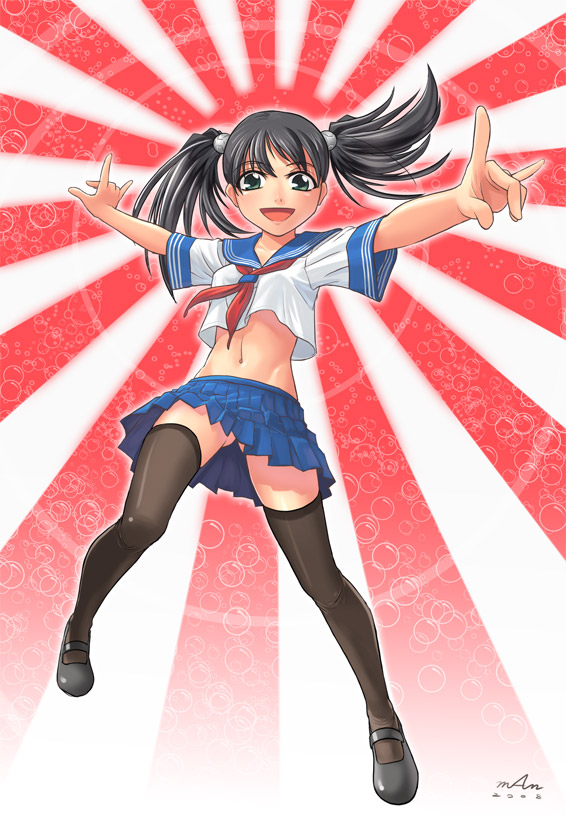 man (trance), yuriko omega, command & conquer, command & conquer: red alert, command & conquer: red alert 3, red alert 3, md5 mismatch, 1girl, black hair, black thighhighs, female focus, green eyes, legs, midriff, navel, open mouth, school uniform, serafuku, skirt, solo, thighhighs, twintails, upskirt, zettai ryouiki