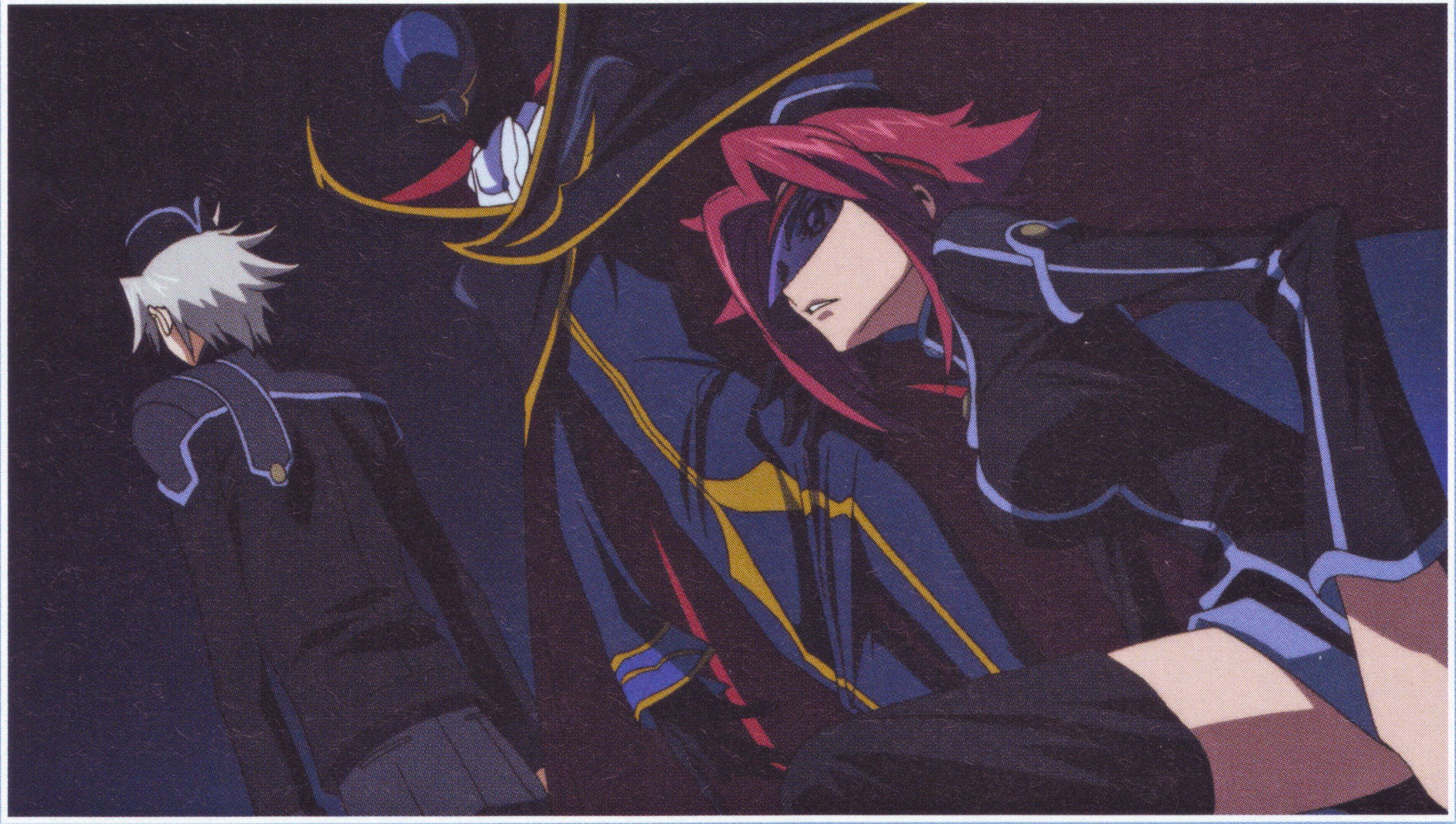 kouzuki kallen, lelouch vi britannia, rai (code geass), zero (code geass), code geass, code geass: lost colors, highres, 00s, 1girl, 2boys, black hat, black thighhighs, breasts, cape, hat, helmet, large breasts, multiple boys, order of the black knights uniform, red hair, thighhighs