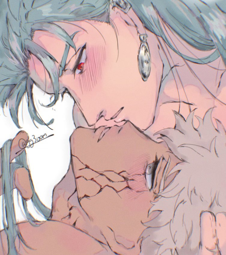 archer (fate), archer alter (fate), cu chulainn (caster) (fate), cu chulainn (fate), fate/grand order, fate (series), 2boys, blue hair, blush, cracked skin, dark-skinned male, dark skin, earrings, face-to-face, gg3oom, grey eyes, grey hair, imminent kiss, jewelry, long hair, male focus, multiple boys, open mouth, red eyes, short hair, yaoi