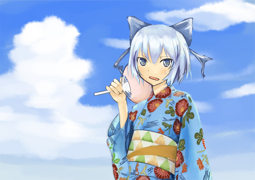 ruit, cirno, touhou, 1girl, cloud, day, female focus, hand fan, japanese clothes, kimono, outdoors, paper fan, sky, solo, sweatdrop, uchiwa