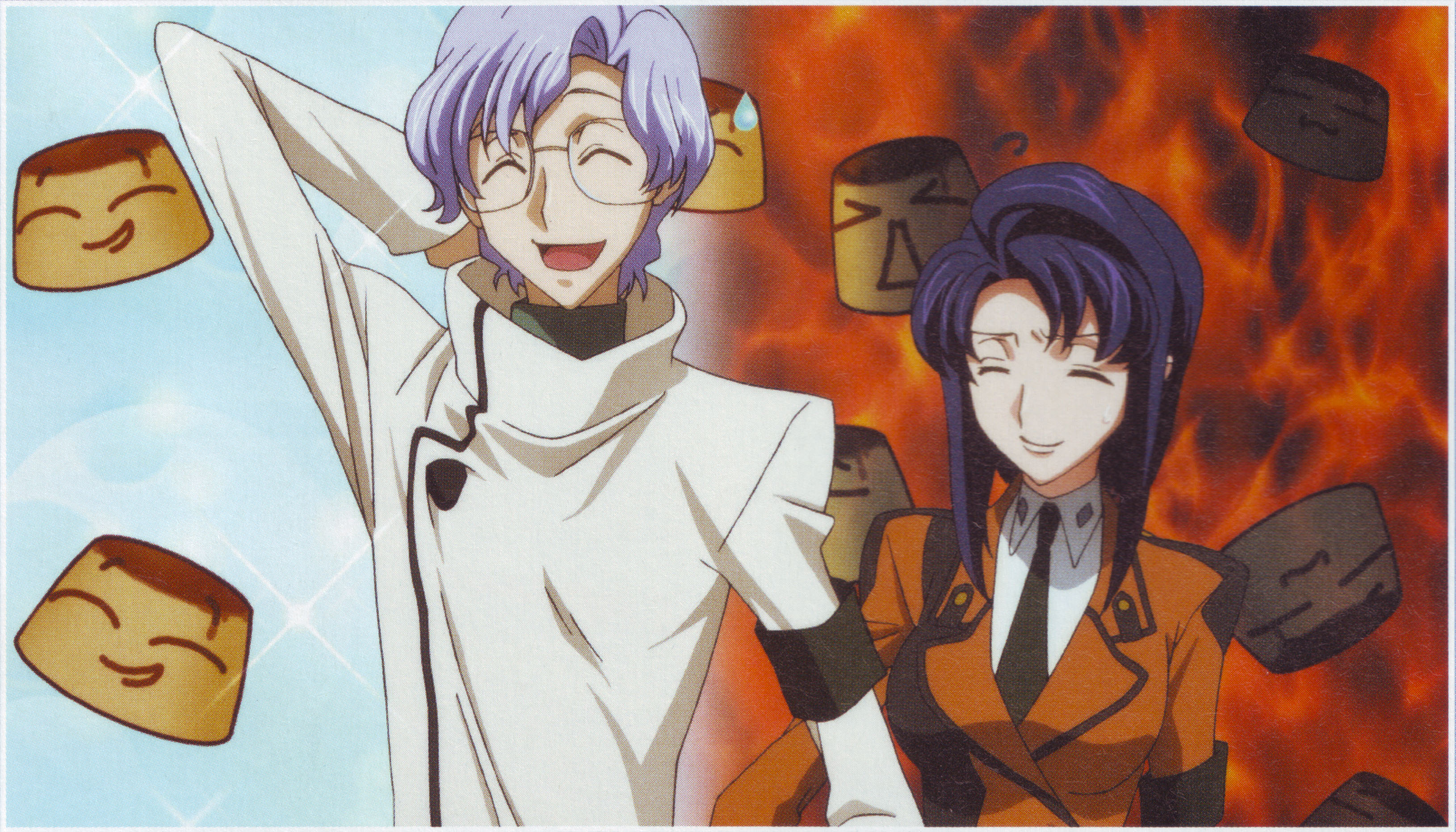 cecile croomy, lloyd asplund, code geass, absurdres, highres, scan, 00s, closed eyes, glasses