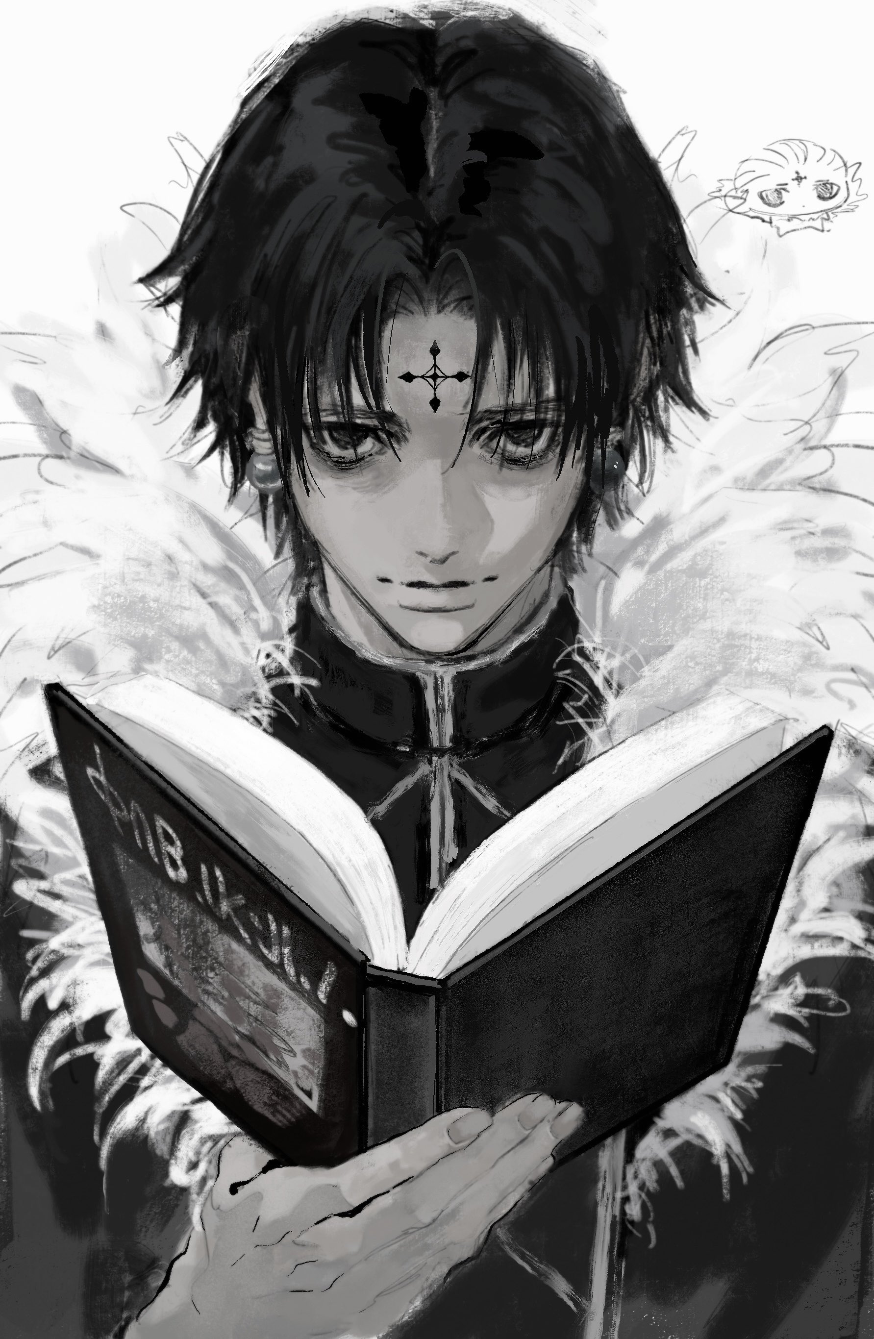 chrollo lucilfer, hunter x hunter, absurdres, highres, 1boy, book, chibi, chibi inset, cross tattoo, earrings, forehead tattoo, fur-trimmed jacket, fur trim, greyscale, holding, holding book, jacket, jewelry, krgvtkdwvu91585, looking at viewer, male focus, monochrome, open book, short hair, simple background, smile, solo, tattoo, upper body, white background
