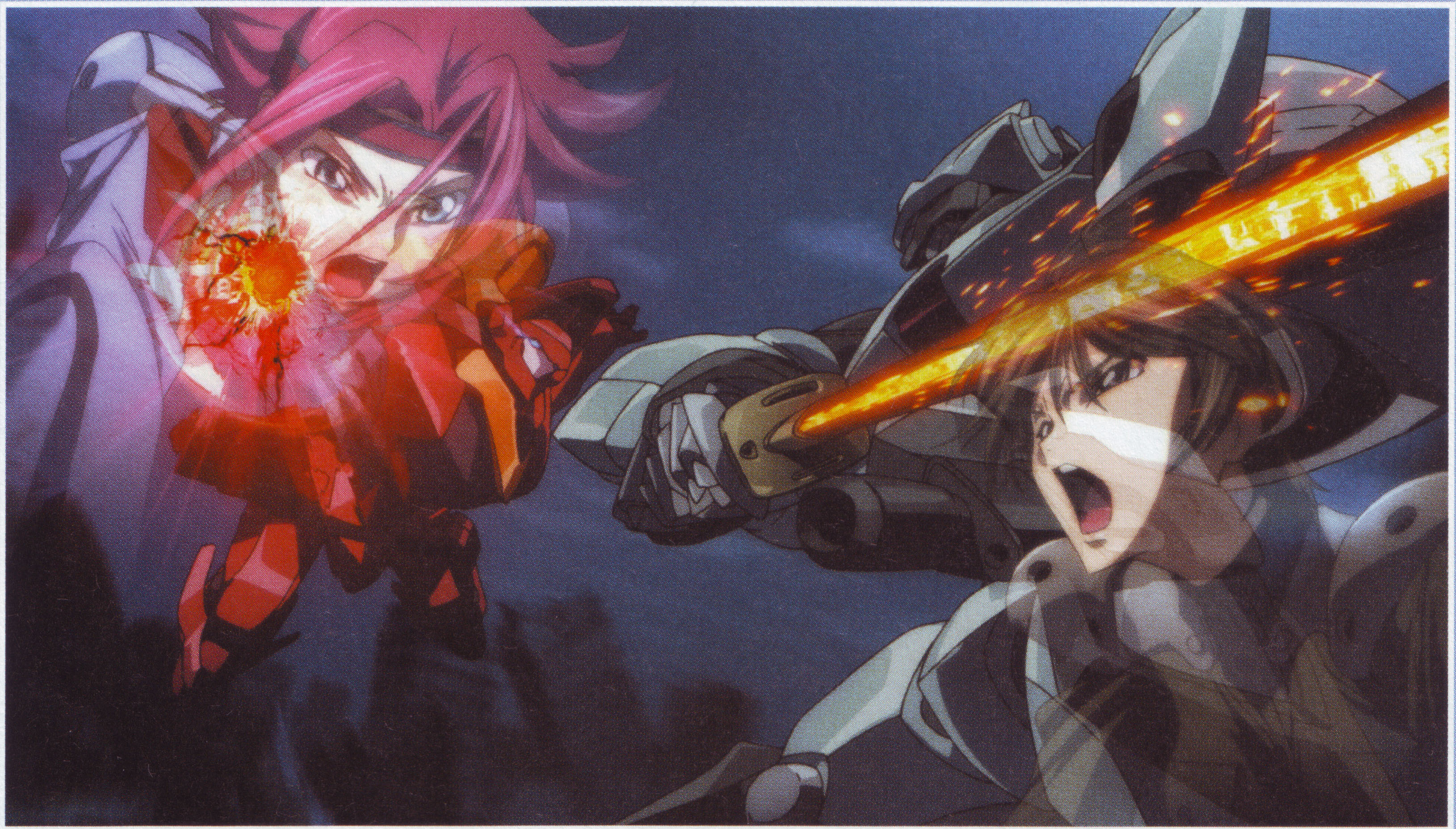 chiba nagisa, guren (code geass), guren mk-ii, kouzuki kallen, code geass, code geass: lost colors, absurdres, highres, scan, 00s, 2girls, blue eyes, mecha, multiple girls, red hair, robot, shouting
