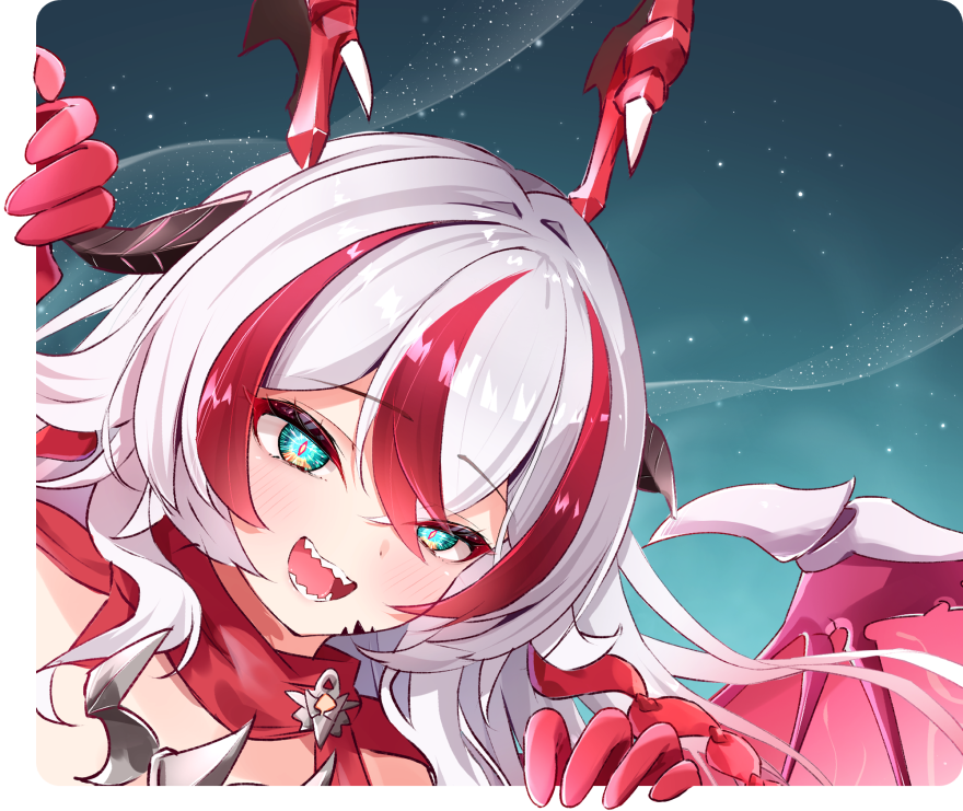 hiruga agurih, coralie 6626 planck, coralie 6626 planck (behold! fate-defying dragon), honkai (series), honkai impact 3rd, commentary request, 1girl, dragon girl, dragon horns, dragon wings, gloves, green eyes, horns, multicolored hair, open mouth, outside border, red gloves, red hair, sharp teeth, solo, streaked hair, teeth, two-tone hair, white hair, wings