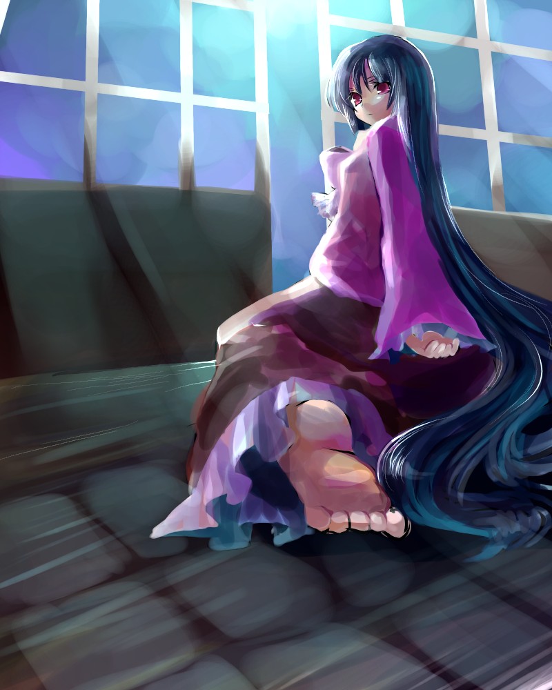 kobanzame, houraisan kaguya, team shanghai alice, touhou, bad id, bad pixiv id, 1girl, barefoot, feet, female focus, japanese clothes, long hair, sitting, solo, very long hair