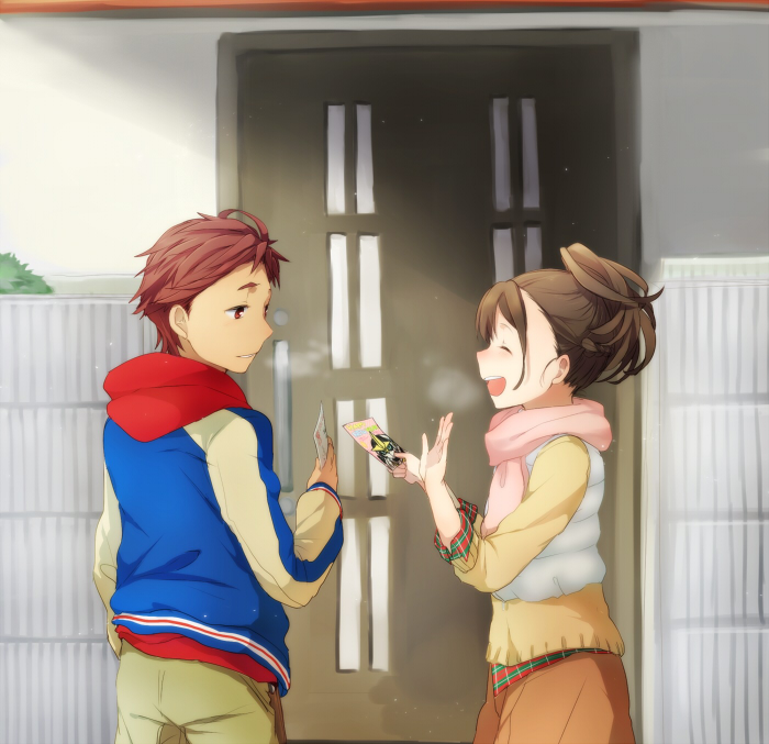 takana (nanao), senomiya akiho, yashio kaito, robotics;notes, science adventure, tagme, 1boy, 1girl, :d, ^ ^, blush, brown hair, casual, closed eyes, long hair, long sleeves, open mouth, ponytail, red hair, scarf, short hair, skirt, smile, tsgme, winter clothes