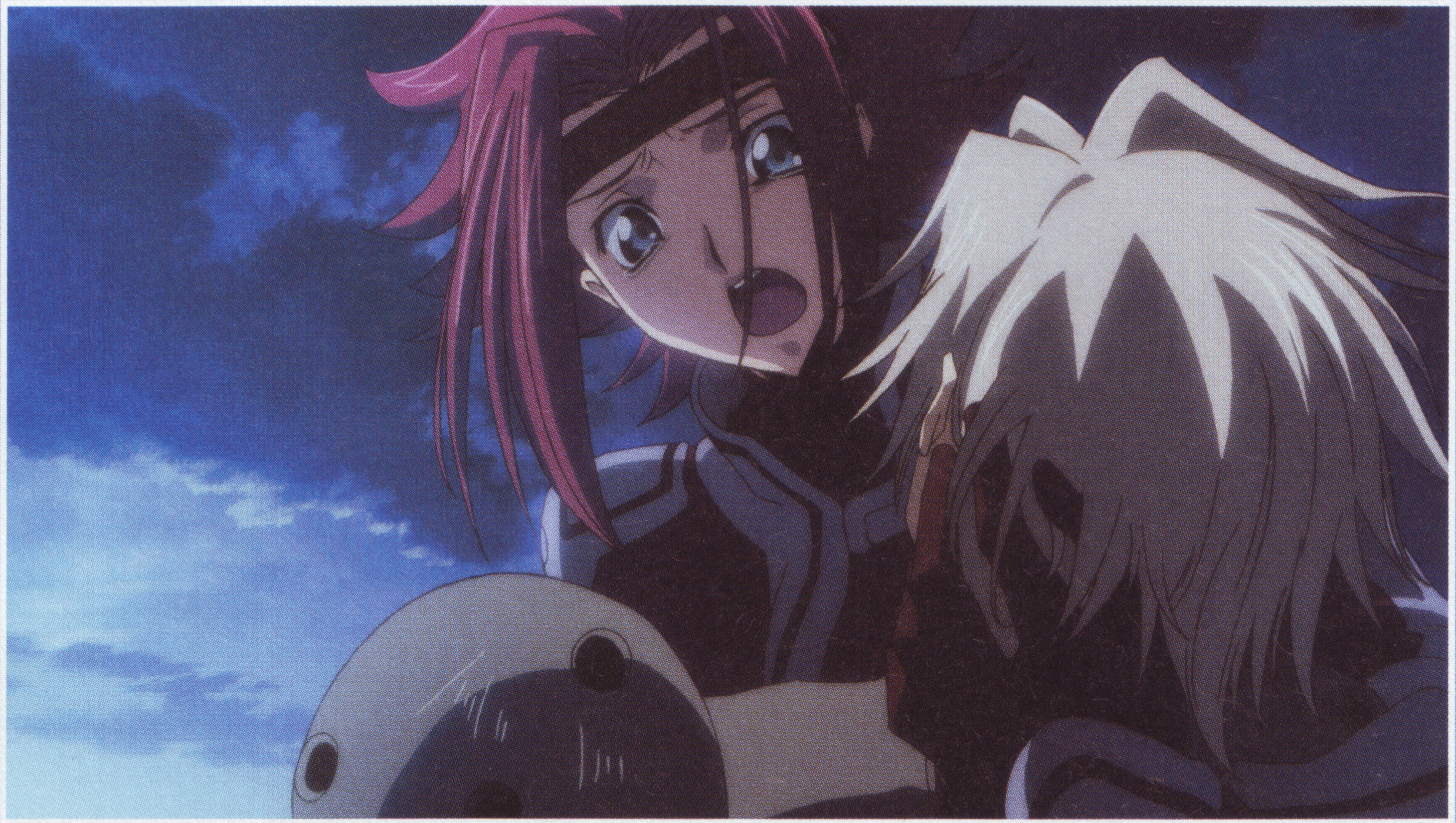 kouzuki kallen, rai (code geass), code geass, code geass: lost colors, silver hair, highres, scan, 00s, 1boy, 1girl, :d, blue eyes, hair between eyes, headband, open mouth, red hair, smile, surprised, tears, upper body