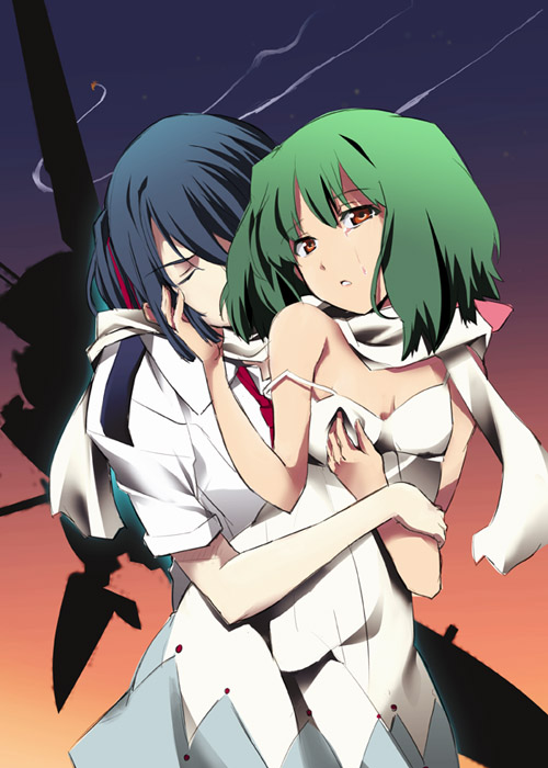okiura, ranka lee, saotome alto, macross, macross frontier, 00s, 1boy, 1girl, black hair, blue hair, breasts, cleavage, collarbone, dress, green hair, hetero, hug, hug from behind, looking at viewer, red eyes, scarf, short hair, sky, spaghetti strap, strap slip, tears, upper body, white dress, yellow eyes