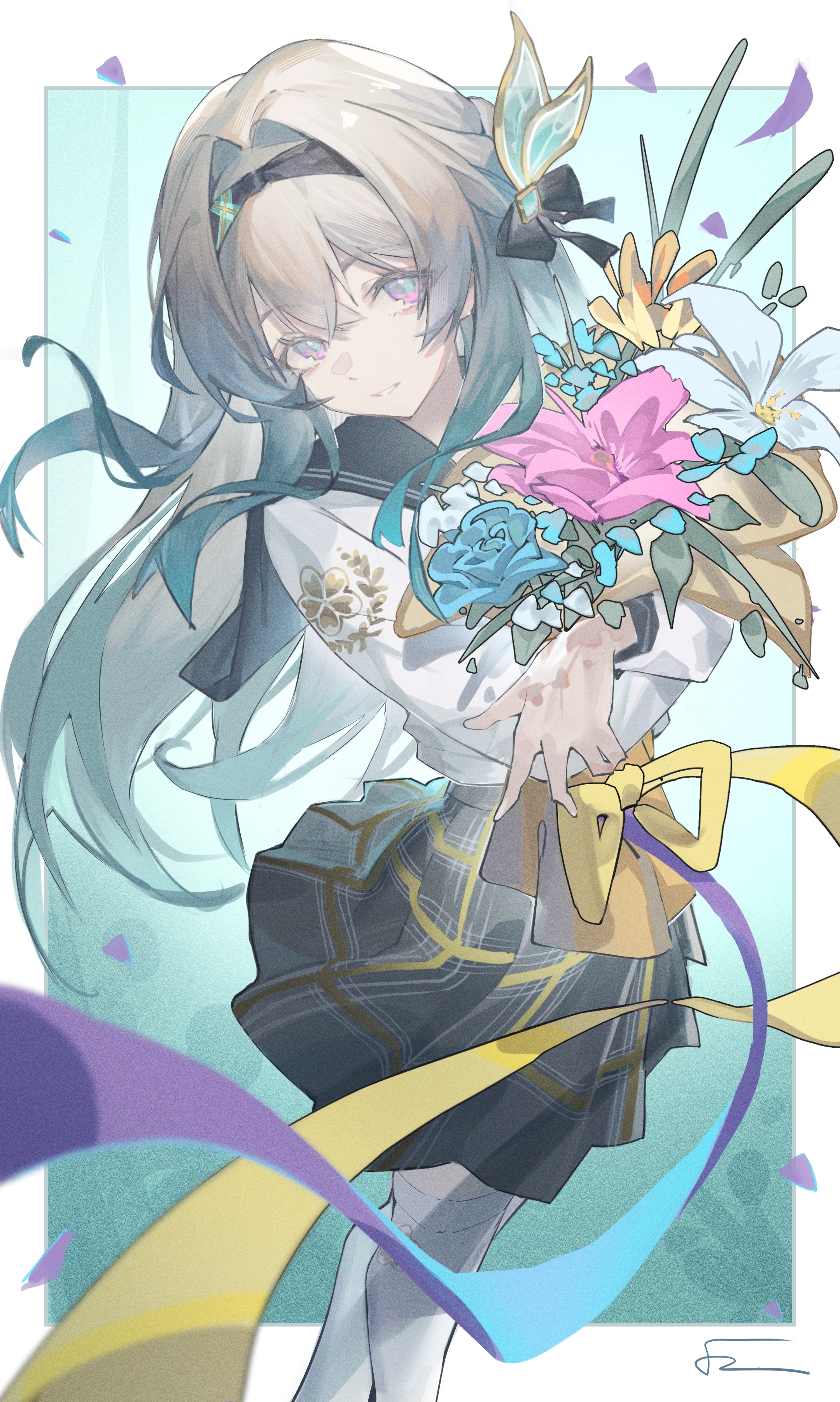 xinrouyu, firefly (honkai: star rail), firefly (spring missive) (honkai: star rail), honkai: star rail, honkai (series), absurdres, highres, 1girl, aqua hair, black sailor collar, black skirt, border, bouquet, closed mouth, floating hair, flower, gradient hair, grey hair, holding, holding bouquet, long hair, long sleeves, looking at viewer, missing commentary, multicolored hair, official alternate costume, parted lips, sailor collar, school uniform, shirt, skirt, smile, solo, thighhighs, white border, white shirt, white thighhighs, zettai ryouiki