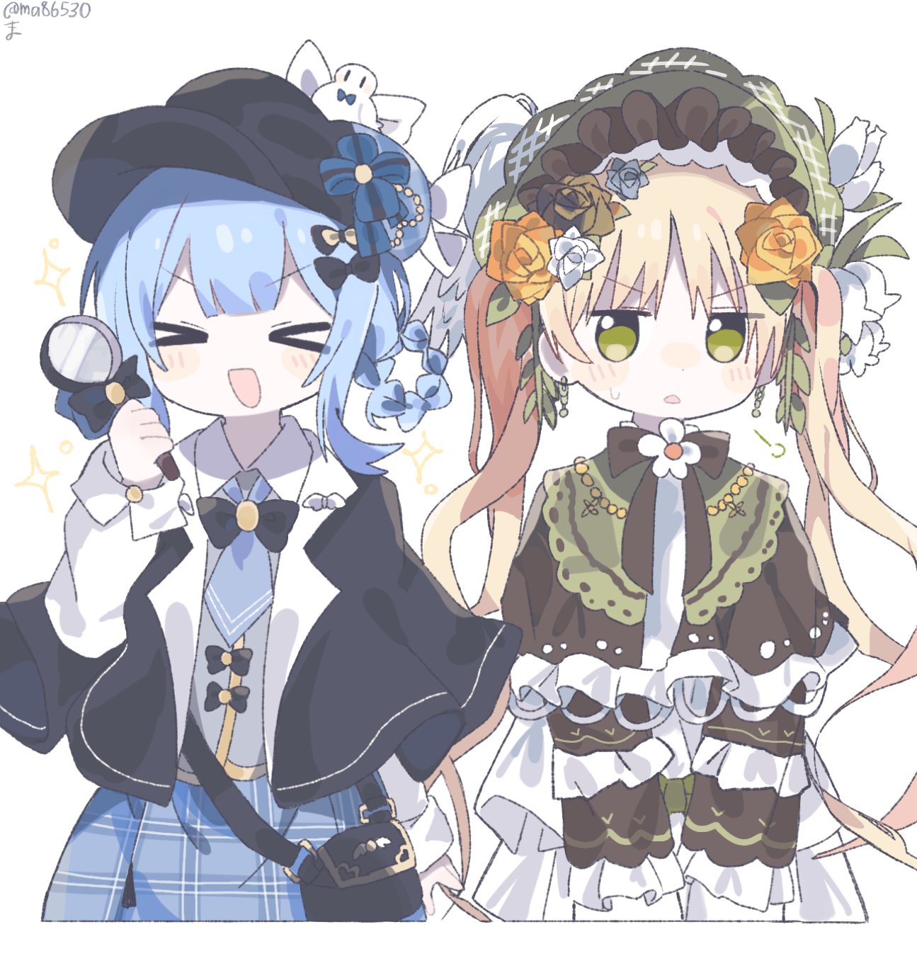 ma86530, tachibana sherry, toono hanna, mahou shoujo no majo saiban, hashtag-only commentary, highres, > <, 2girls, :d, black bag, black bow, black capelet, black flower, black hat, black rose, blonde hair, blue hair, blue skirt, bow, braid, braided hair rings, capelet, closed eyes, cowboy shot, deerstalker, detective, dress, flower, frilled dress, frills, green eyes, hair rings, hand up, hat, holding, holding magnifying glass, jitome, lolita fashion, long hair, long sleeves, looking at viewer, magical girl, magnifying glass, multiple girls, open mouth, plaid clothes, plaid skirt, rose, short hair, simple background, skirt, smile, sparkle, standing, sweatdrop, twintails, white background, xd, yellow flower, yellow rose