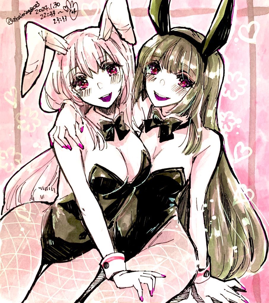 iori (akaringo), houraisan kaguya, reisen udongein inaba, touhou, 2girls, animal ears, black bow, black bowtie, black hair, black hairband, black leotard, bow, bowtie, detached collar, fishnets, hairband, leotard, long hair, looking at viewer, multiple girls, open mouth, purple hair, rabbit ears, red eyes, side-by-side, strapless, strapless leotard, very long hair