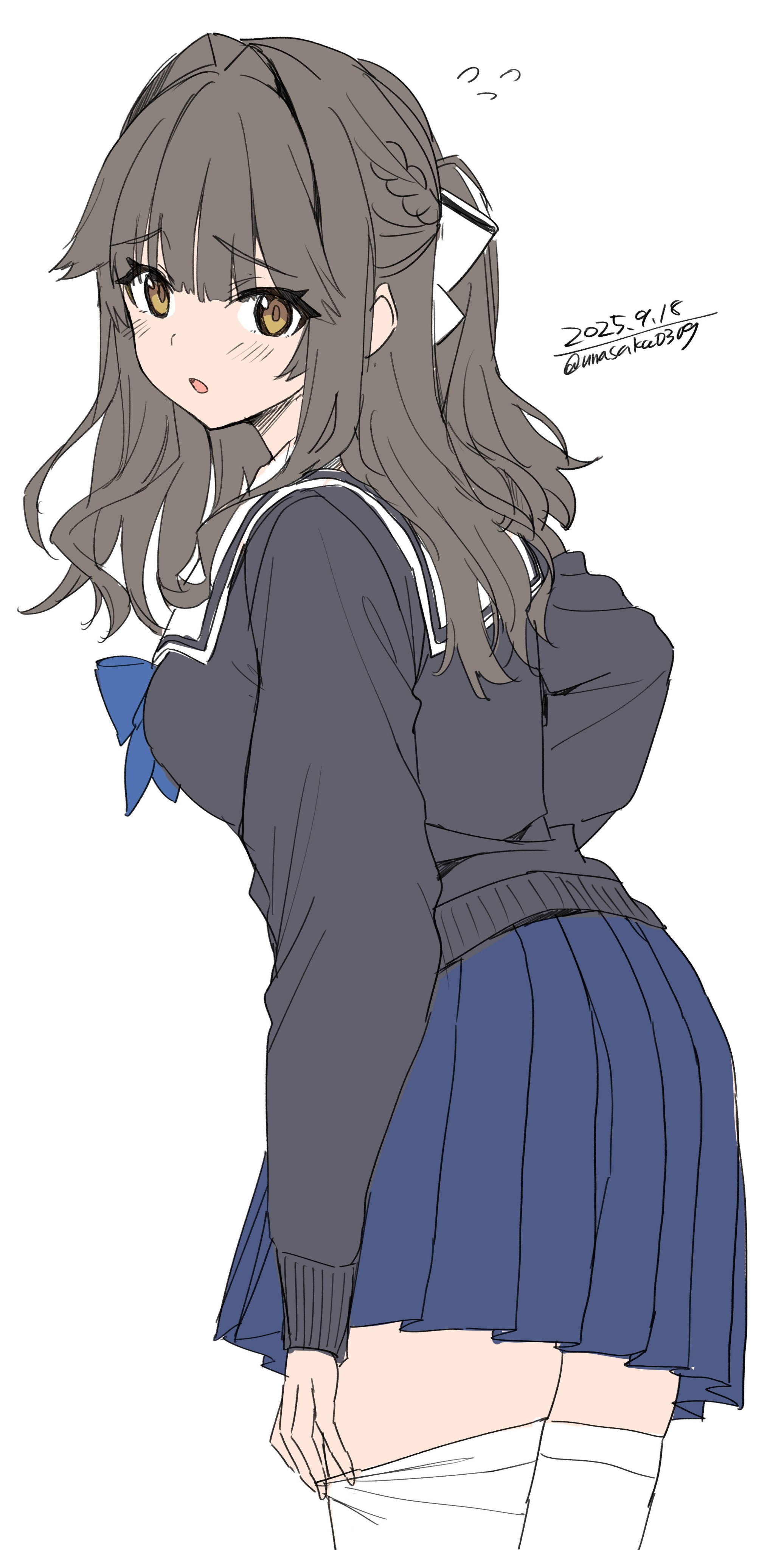 unasaka ryou, original, absurdres, highres, 1girl, black cardigan, blue bow, blue skirt, bow, braid, breasts, brown eyes, brown hair, cardigan, hair bow, hair ornament, long hair, long sleeves, looking at viewer, open mouth, pleated skirt, sailor collar, school uniform, simple background, skirt, solo, thighhighs, white background, white sailor collar, white thighhighs, zettai ryouiki