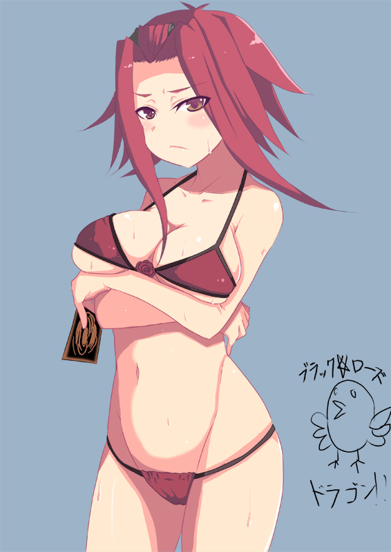 johnny funamushi, izayoi aki, yu-gi-oh!, yu-gi-oh! 5d's, breast hold, 00s, 1girl, bikini, breasts, brown eyes, card, cleavage, crossed arms, female focus, holding, holding card, navel, red bikini, red hair, short hair, solo, swimsuit, underboob, yu-gi-oh (card)