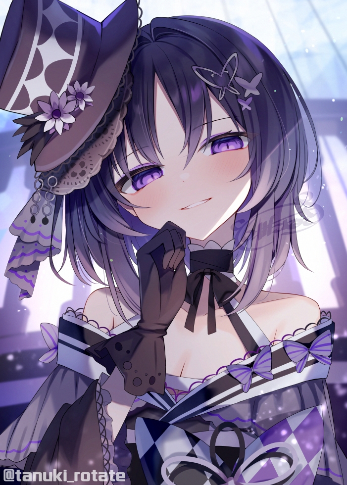 shirai tanuki, houshou margo, mahou shoujo no majo saiban, commentary request, 1girl, bare shoulders, black gloves, black hair, breasts, bug, butterfly, butterfly hair ornament, choker, cleavage, eyeshadow, flower, frilled choker, frills, gloves, hair ornament, hand up, hat, hat flower, insect, japanese clothes, light particles, lolita fashion, long sleeves, looking at viewer, magical girl, makeup, medium breasts, parted bangs, purple butterfly, purple eyes, purple eyeshadow, short hair, smile, solo, top hat, twitter username, upper body, wa lolita