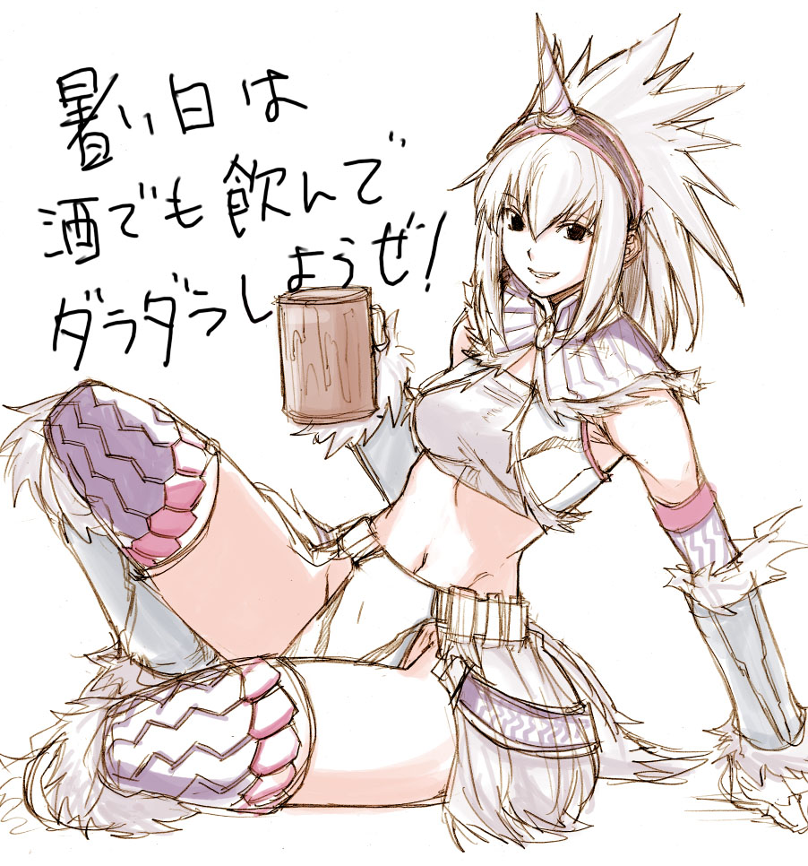 tetsu (kimuchi), capcom, monster hunter (series), translation request, 1girl, brown eyes, female focus, hairband, horns, kirin (armor), no panties, single horn, sitting, sketch, solo, thighhighs, white hair