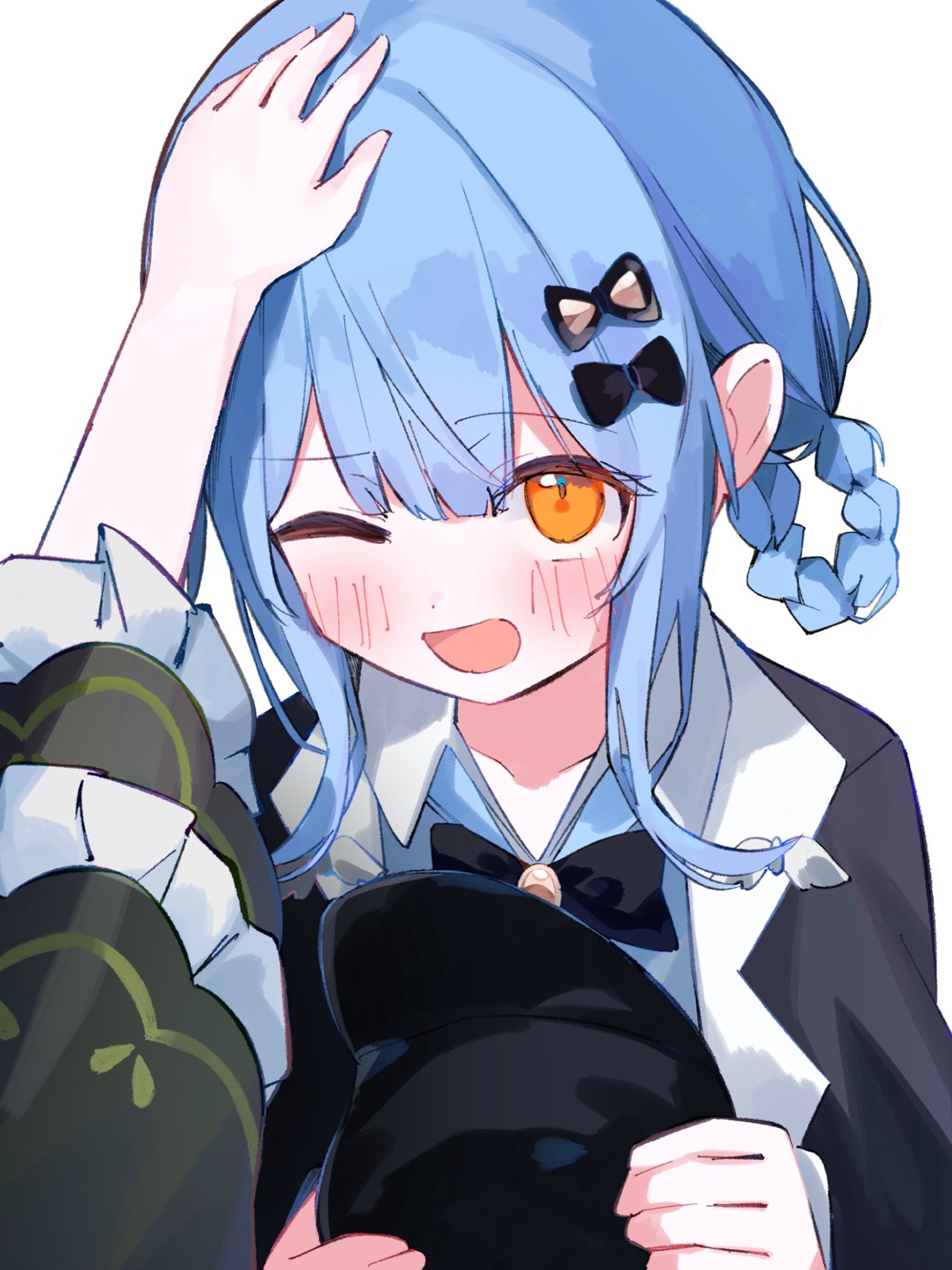 tachibana sherry, toono hanna, mahou shoujo no majo saiban, commentary request, highres, 2girls, ;d, black bow, black capelet, black hat, blue hair, bow, braid, braided hair rings, capelet, frilled sleeves, frills, hair rings, hand on another's head, hat, headpat, holding, holding unworn clothes, holding unworn hat, long sleeves, looking at viewer, magical girl, multiple girls, nekobanana (m23453456), one eye closed, open mouth, orange eyes, out of frame, short hair, simple background, smile, solo focus, unworn hat, unworn headwear, upper body, white background