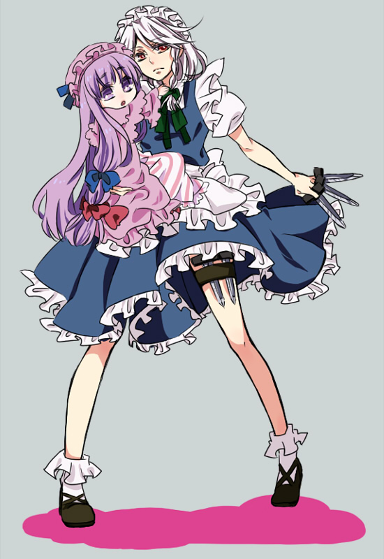 asaki (pixiv32096), izayoi sakuya, patchouli knowledge, touhou, silver hair, 2girls, aged down, between fingers, braid, carrying, child, female focus, hat, holding, knife, long hair, maid, multiple girls, purple hair, ribbon, short hair, throwing knife, twin braids, weapon