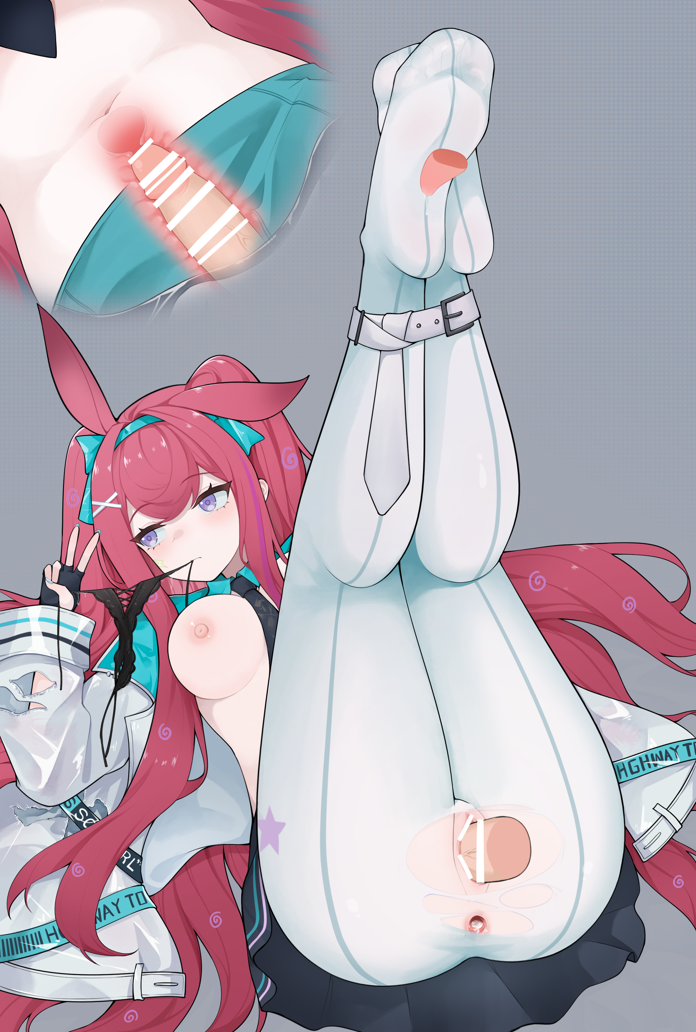 wl217 (nicexa111), ray (arknights), ray (dreaming high) (arknights), arknights, invisible man, absurdres, commentary, commission, highres, 1girl, after anal, animal ears, anus, aqua hairband, aqua nails, ass, bar censor, bdsm, black gloves, black necktie, black shirt, bondage, bound, breasts, censored, cervix, checkered background, closed mouth, cross-section, cum, cum in ass, disembodied penis, disembodied tongue, emotionless sex, expressionless, fingerless gloves, gloves, hair tie, hairband, jacket, legs up, licking, licking foot, long hair, long sleeves, lying, medium breasts, missionary, mouth hold, multicolored jacket, nail polish, navel, necktie, nipples, official alternate costume, on back, open clothes, open jacket, panties, panties in mouth, pantyhose, penis, pink hair, purple eyes, pussy, rabbit ears, rabbit girl, restrained, sex, shirt, single ear down, skirt, solo focus, sticker, sticker on face, stomach, thighs, torn clothes, torn pantyhose, twintails, two-tone jacket, underwear, unworn panties, uterus, v, vaginal, veins, veiny penis, very long hair, white jacket, white pantyhose
