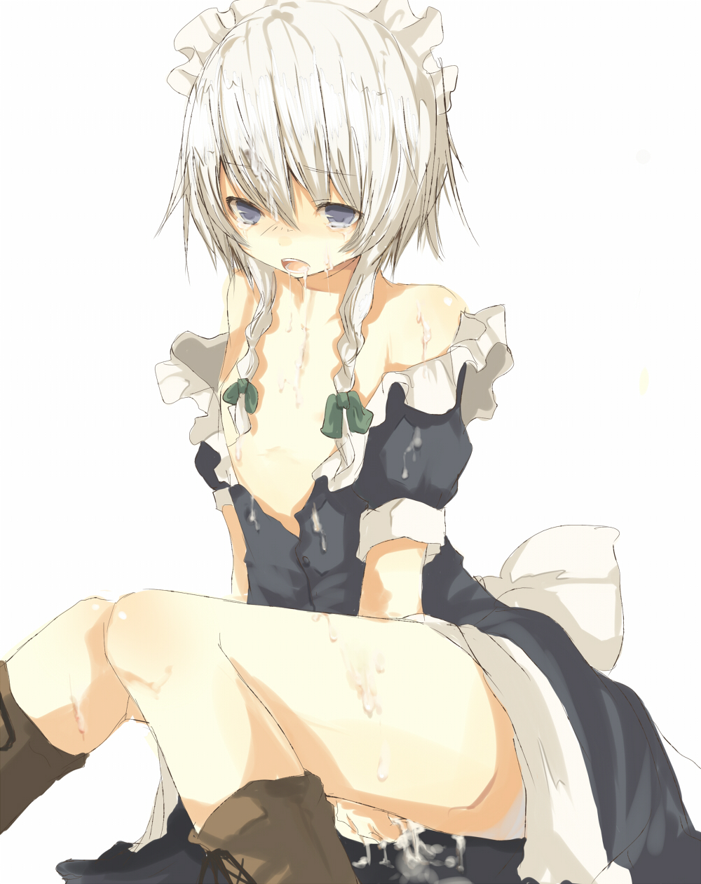 tetsuo (tashirosu), izayoi sakuya, touhou, silver hair, bad id, bad pixiv id, highres, 1girl, aftersex, braid, cum, female focus, flat chest, maid, nude, pussy, ribbon, saliva, short hair, simple background, sitting, solo, white background