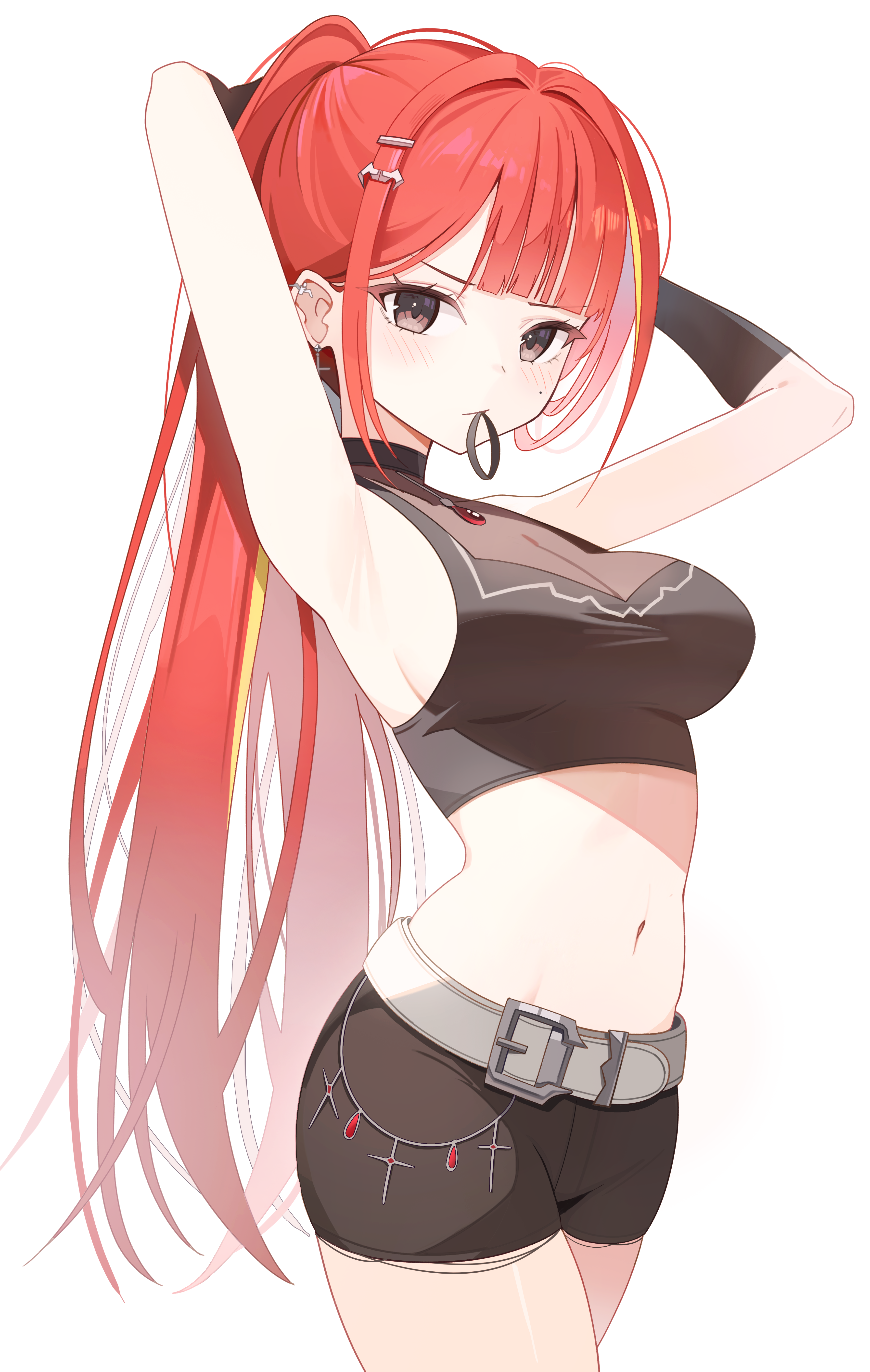 kinsuke z, akane lize, stellive, absurdres, highres, 1girl, :/, amulet, armpits, arms behind head, arms up, belt, black gloves, blonde streaks, blunt bangs, breasts, brown eyes, brown pants, brown shirt, brown shorts, cleavage, closed mouth, cowboy shot, crop top, cropped shirt, ear piercing, earrings, gloves, hair ornament, hair tie in mouth, hairclip, high ponytail, jewelry, light blush, long hair, looking at viewer, medium breasts, midriff, mole, mole under eye, mouth hold, multicolored hair, navel, pants, piercing, ponytail, red hair, see-through clothes, shirt, short shorts, shorts, sidelocks, simple background, sleeveless, sleeveless shirt, solo, straight hair, streaked hair, tying hair, v-shaped eyebrows, very long hair, virtual youtuber, white background, white belt