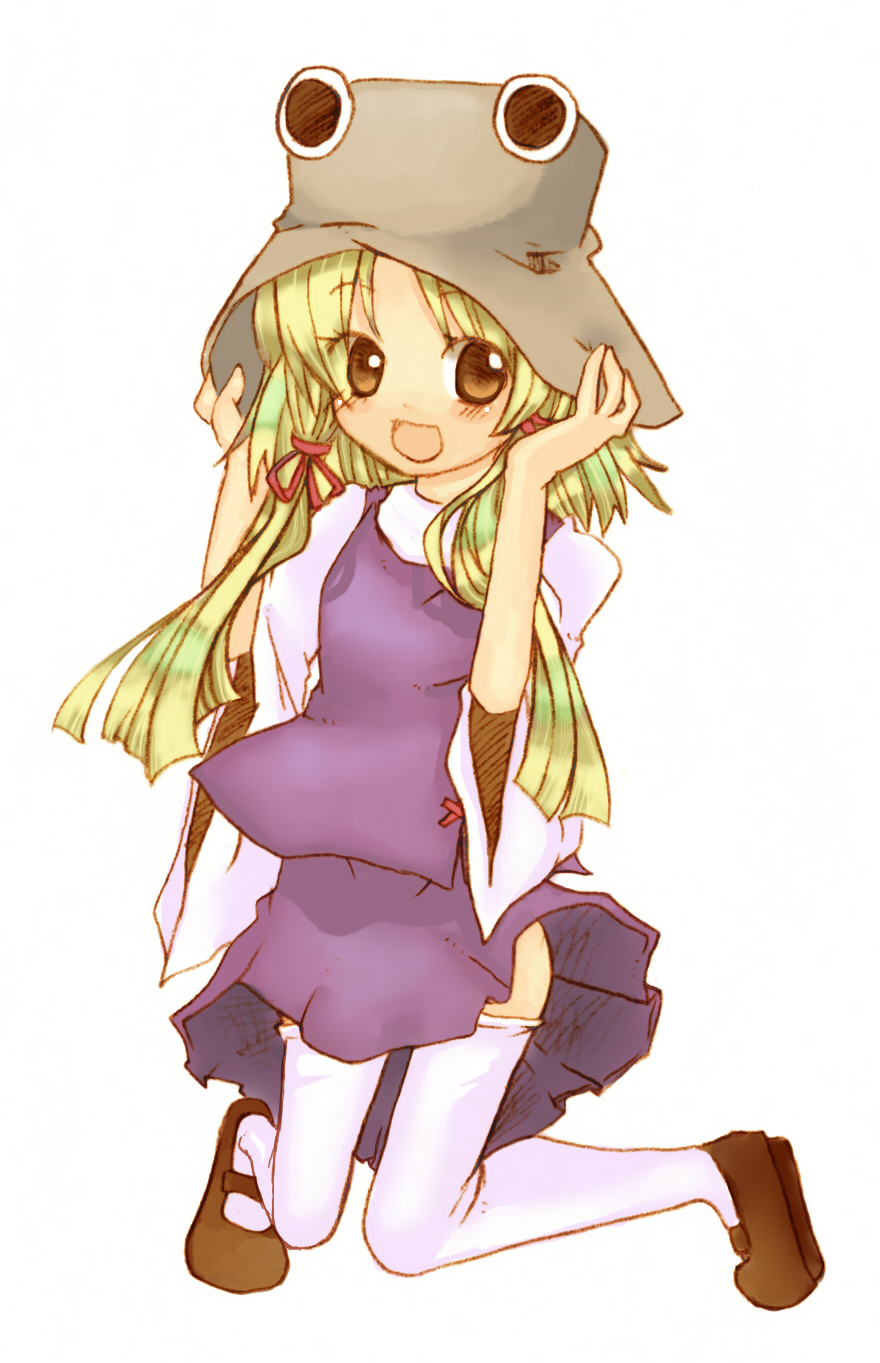 yuu shin, yuuma (tenkyuugi), moriya suwako, touhou, bad id, bad pixiv id, highres, 1girl, blonde hair, female focus, hat, ribbon, short hair, solo, thighhighs