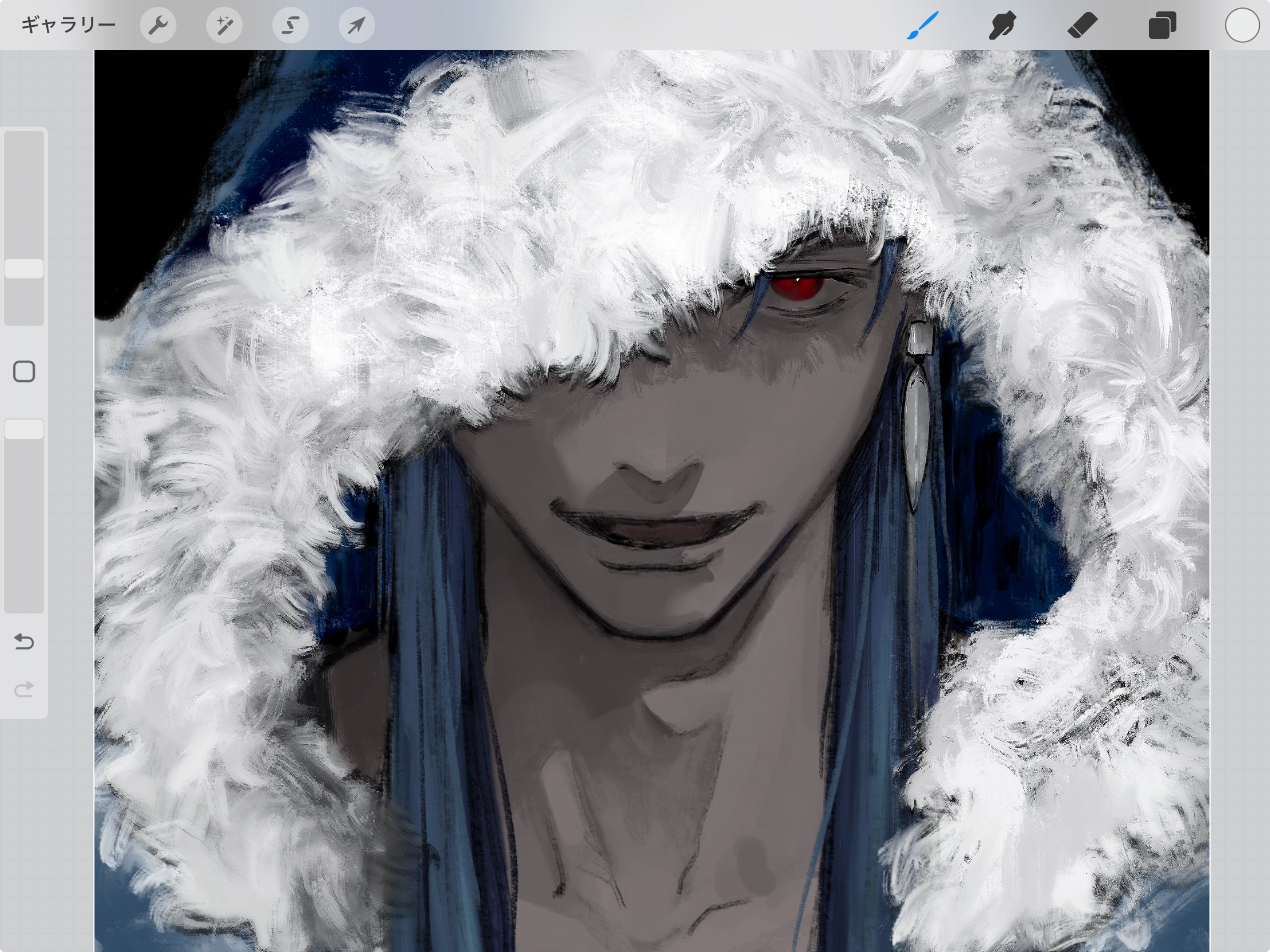 cu chulainn (caster) (fate), cu chulainn (fate), fate/grand order, fate (series), highres, 1boy, art program in frame, black background, blue hair, earrings, fur-trimmed hood, fur trim, hood, hood up, jewelry, krgvtkdwvu91585, long hair, looking at viewer, male focus, open mouth, portrait, red eyes, simple background, smile, solo