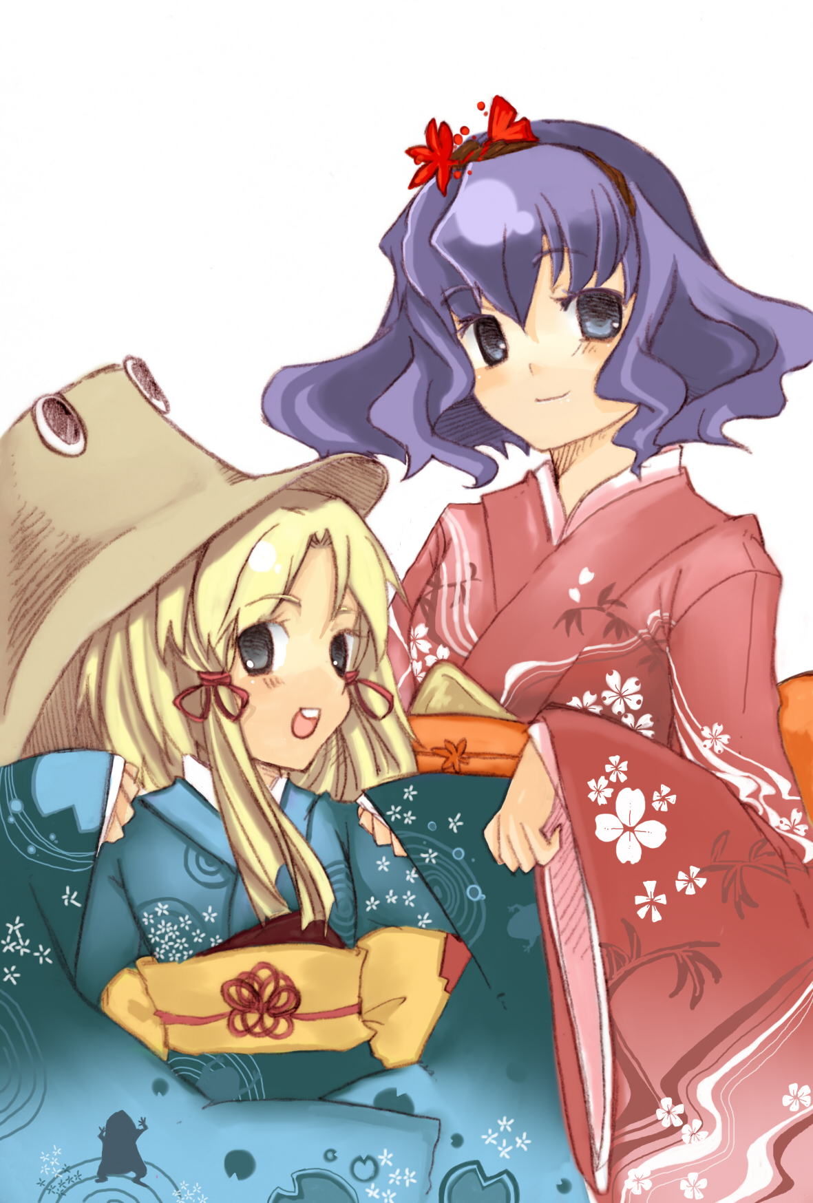 yuu shin, yuuma (tenkyuugi), moriya suwako, yasaka kanako, touhou, bad id, bad pixiv id, highres, 2girls, blonde hair, female focus, hair ornament, hat, japanese clothes, kimono, leaf, leaf hair ornament, multiple girls, purple hair, ribbon, rope, short hair