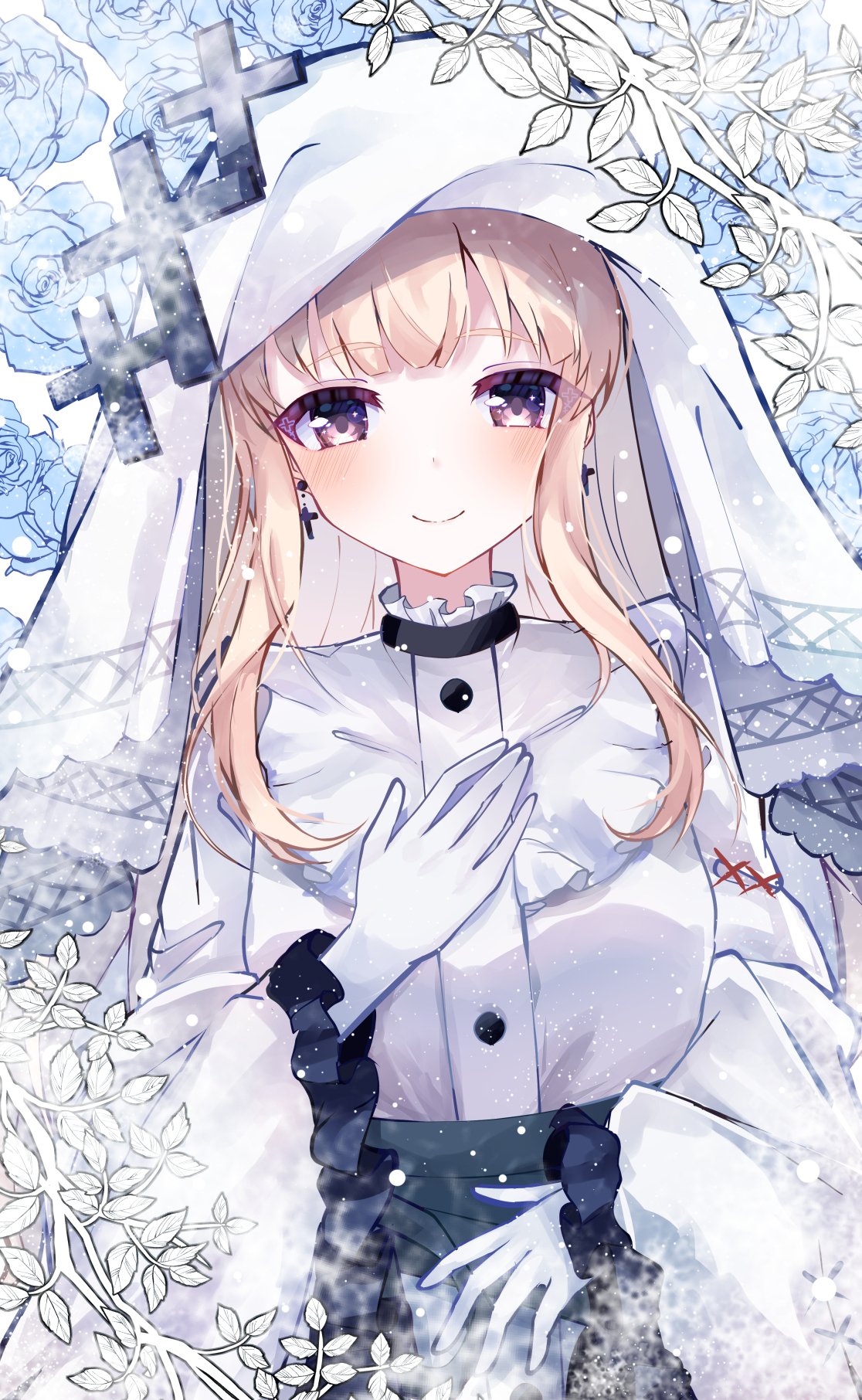 hikami meruru, mahou shoujo no majo saiban, hashtag-only commentary, highres, 0 amama 0, 1girl, blonde hair, blue flower, blue rose, blunt bangs, blush, branch, closed mouth, cross, cross earrings, dress, earrings, floral background, flower, frilled dress, frills, gloves, hand on own chest, jewelry, leaf, long hair, long sleeves, looking at viewer, magical girl, priestess, purple eyes, rose, smile, solo, upper body, veil, white dress, white gloves, white veil