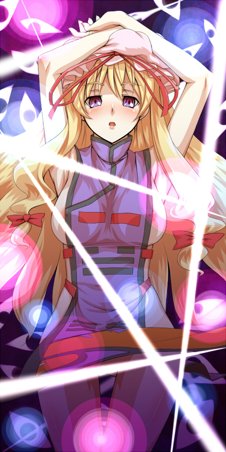 tro (trombe), yakumo yukari, touhou, bad id, bad pixiv id, 1girl, areola slip, armpits, arms up, blonde hair, breasts, censored, convenient censoring, convenient danmaku, danmaku, female focus, hat, long hair, naked tabard, nude, open mouth, ribbon, solo, tabard
