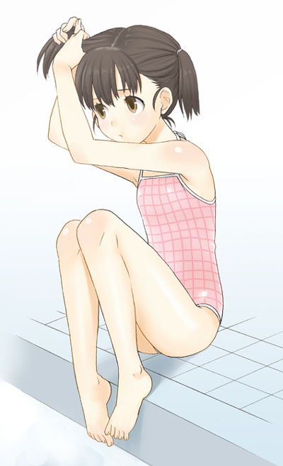 mattaku mousuke, original, 1girl, adjusting hair, barefoot, breasts, brown eyes, brown hair, feet, female focus, one-piece swimsuit, sitting, small breasts, solo, swimsuit, toes, twintails