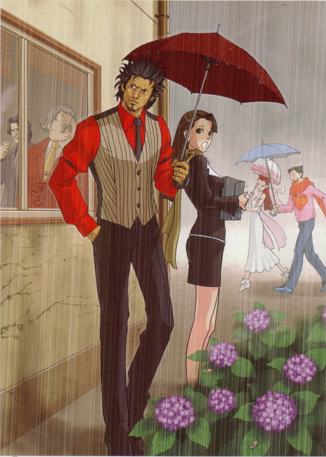 edaki shin'ya, iwamoto tatsurou, dahlia hawthorne, diego armando, iris (ace attorney), marvin grossberg, mia fey, phoenix wright, robert hammond, ace attorney, capcom, phoenix wright: ace attorney – trials and tribulations, black neckwear, white footwear, yellow neckwear, highres, official art, 2girls, 4boys, bare shoulders, brown eyes, brown hair, dress, earrings, facial hair, flower, formal clothes, glasses, happy, holding, holding umbrella, hydrangea, jewelry, long hair, miniskirt, multiple boys, multiple girls, mustache, necktie, outdoors, pencil skirt, pink sweater, rain, red shirt, scarf, shirt, skirt, skirt suit, smile, snail, standing, suit, sweater, time paradox, umbrella, vest, white dress