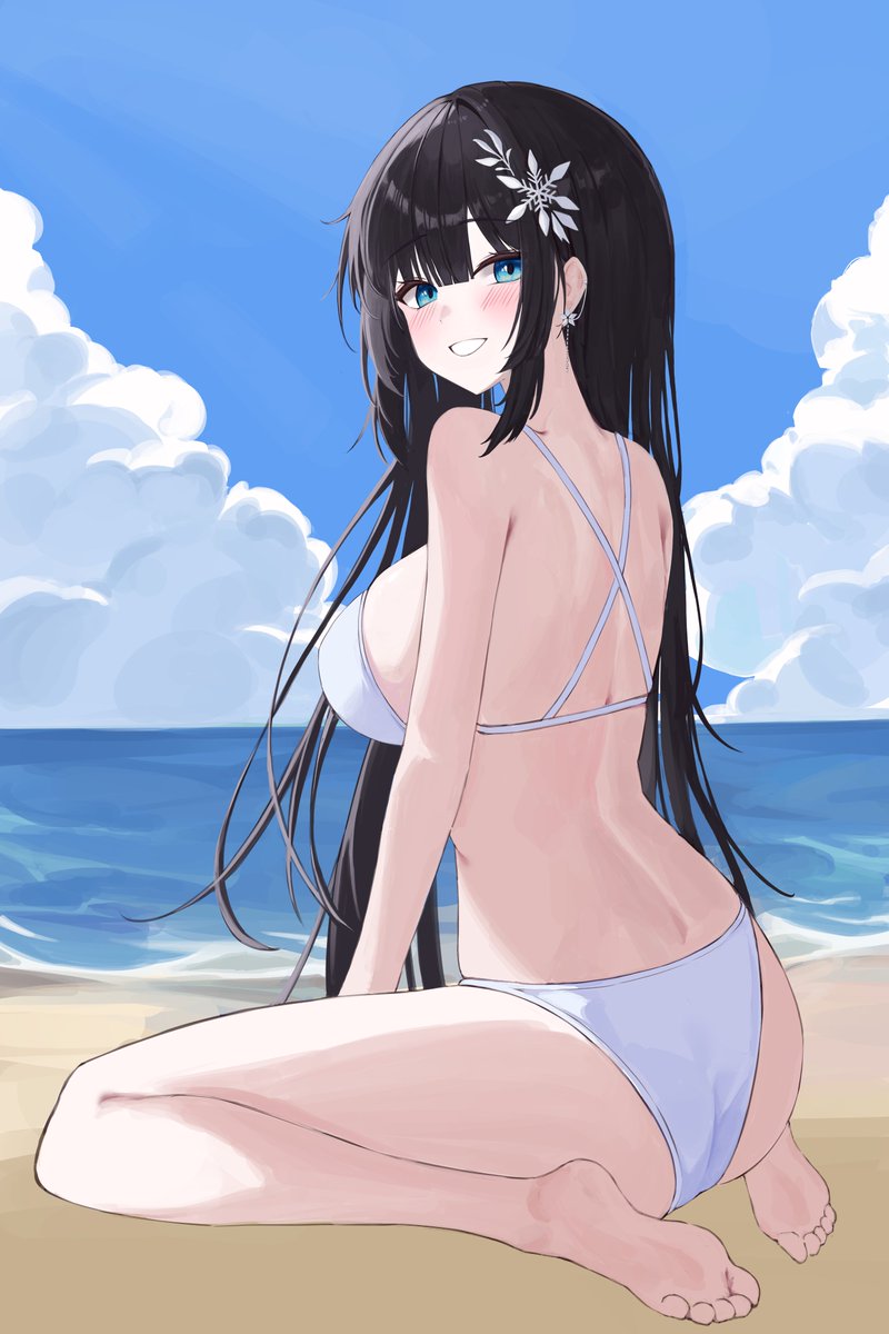 mo ca coffee, shirayuki hina, stellive, hashtag-only commentary, highres, 1girl, ass, back, bare shoulders, barefoot, beach, bikini, black hair, blue eyes, day, from behind, grin, hair ornament, long hair, looking at viewer, looking back, median furrow, outdoors, sitting, smile, snowflake hair ornament, solo, string bikini, swimsuit, very long hair, virtual youtuber, wariza, white bikini