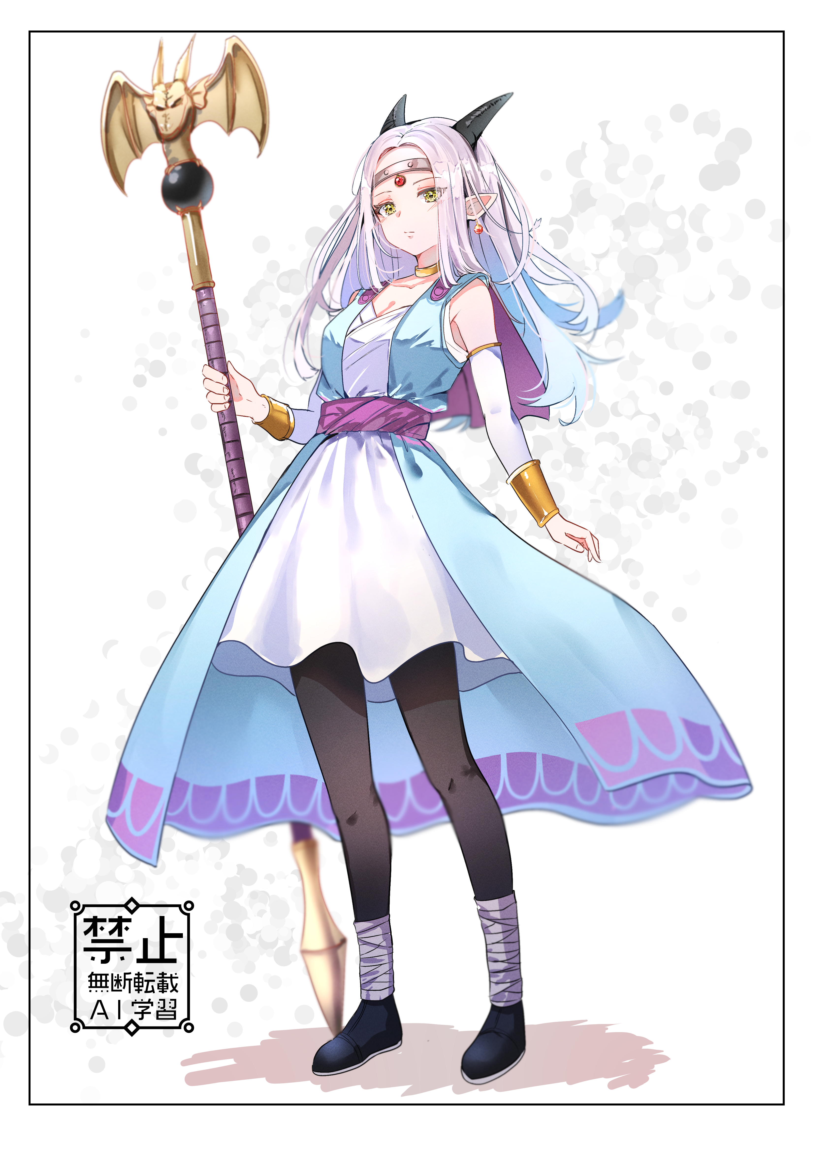 outofthehold, estella (dq10), dragon quest, dragon quest x, absurdres, commentary request, highres, 1girl, black horns, black leggings, black shoes, blue hair, blue robe, bracelet, cape, circlet, detached sleeves, dragon girl, dress, earrings, full body, gem, gold bracelet, gold choker, gradient hair, holding, holding staff, horns, jewelry, leggings, long hair, monster girl, multicolored hair, parted hair, pointy ears, purple cape, purple hair, purple sash, red gemstone, robe, sash, shoes, silver circlet, solo, sphere earrings, staff, white background, white dress, white sleeves, yellow eyes